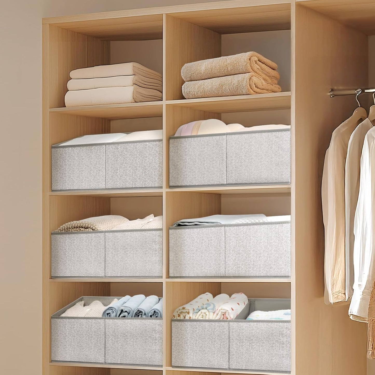 DIMJ Large Closet Shelf Organizer Bins 6 Packs with Handles and Divider, Fabric Trapezoid Storage Baskets, Foldable Clothes Containers Box for Shelf, Towel, Book, Toy, Purse, Hats, Grey