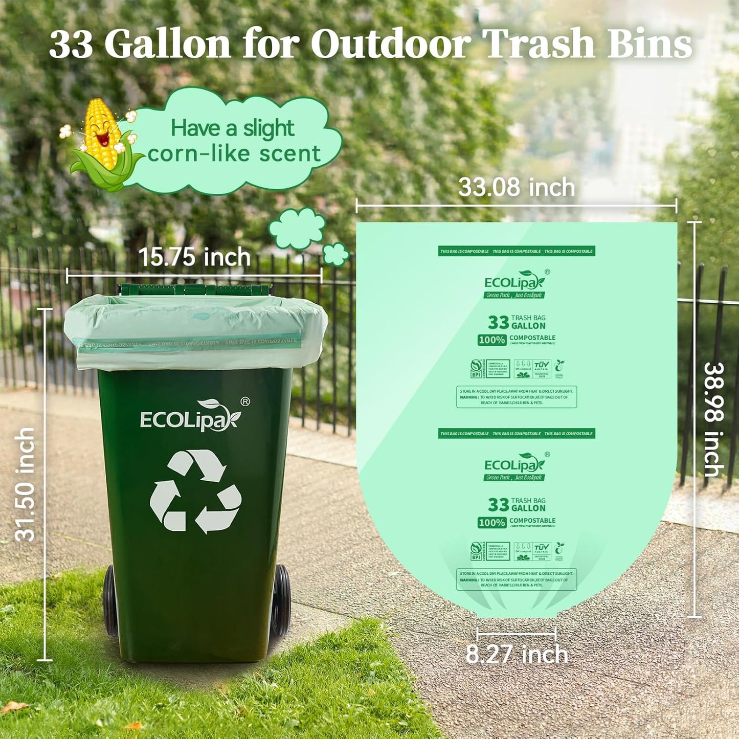 ECOLipak 33 Gallon Compostable Trash Garbage Bags, 25 Count (1 Roll) Biodegradable Heavy Duty Large Outdoor Trash Bags for Lawn/Yard, US BPI ASTM D6400 and OK Compost Home Certified