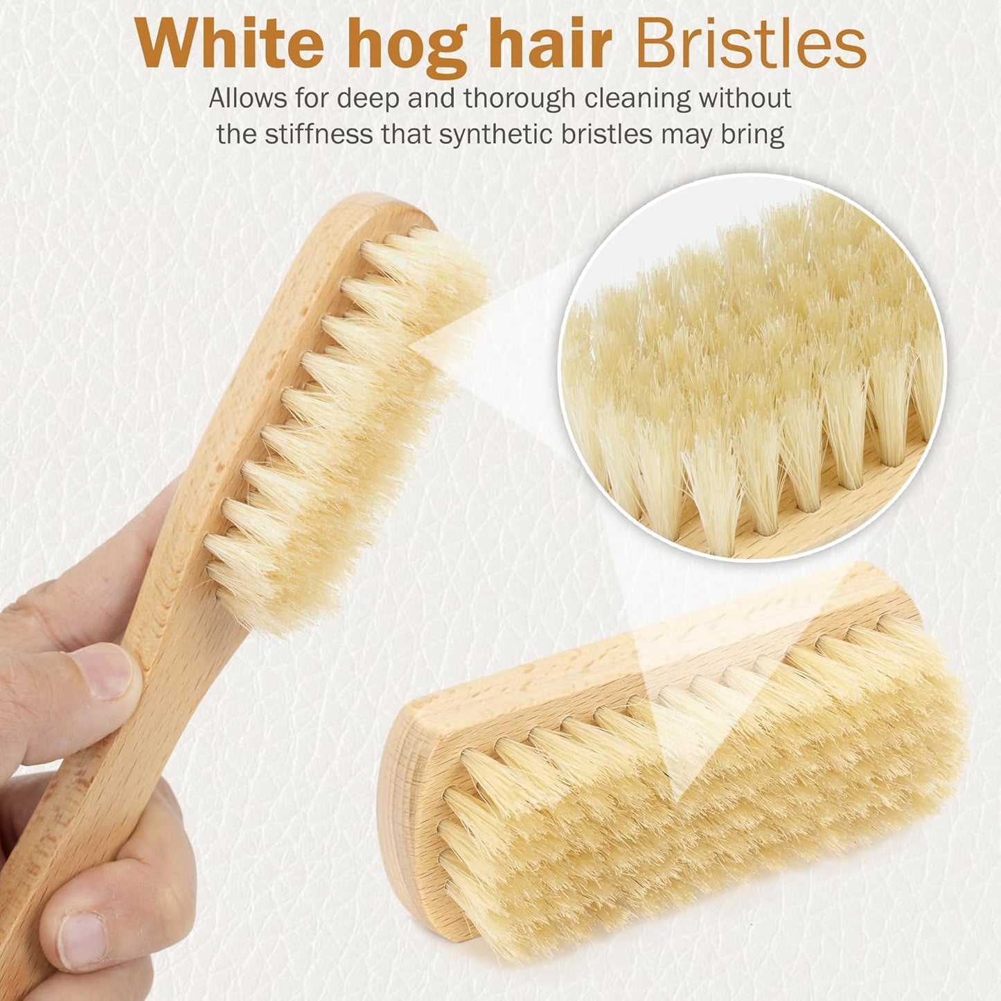TAKAVU Leather & Upholstery Cleaning Brush Set, Pure White Boar Hair Bristle, to Clean Car Seats, Leather Sofas, for Alcantara, Interiors, Furniture, Boots, Shoes, Bags and More