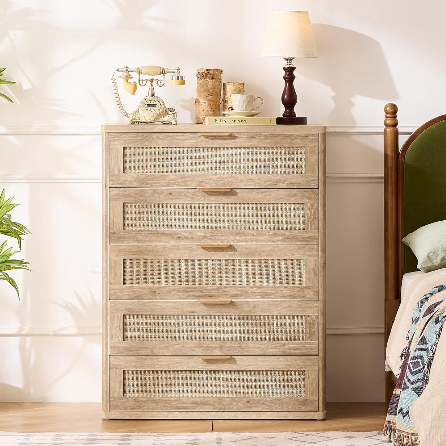 LEYAOYAO Rattan Dresser for Bedroom Set 2, 41" Tall Chest of Drawers, Modern 5 Drawers Boho Dressers with Storage, Light Oak Dresser Wooden Closet Organizer for Living Room, Hallway, Natural Wood