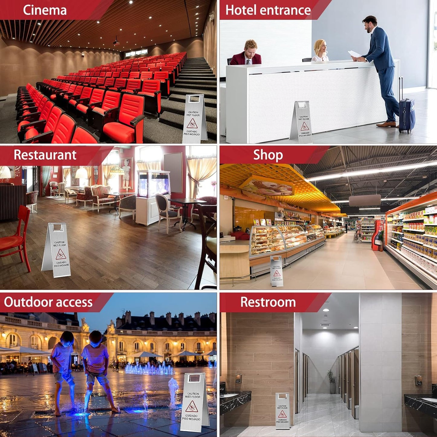 Kigley 2 Pcs Wet Floor Sign, 24 Inch Stainless Steel Caution Wet Floor Sign Double Sided Portable Foldable Bilingual Safety Warning for Hotel Market Restroom Restaurant Office (Silver)
