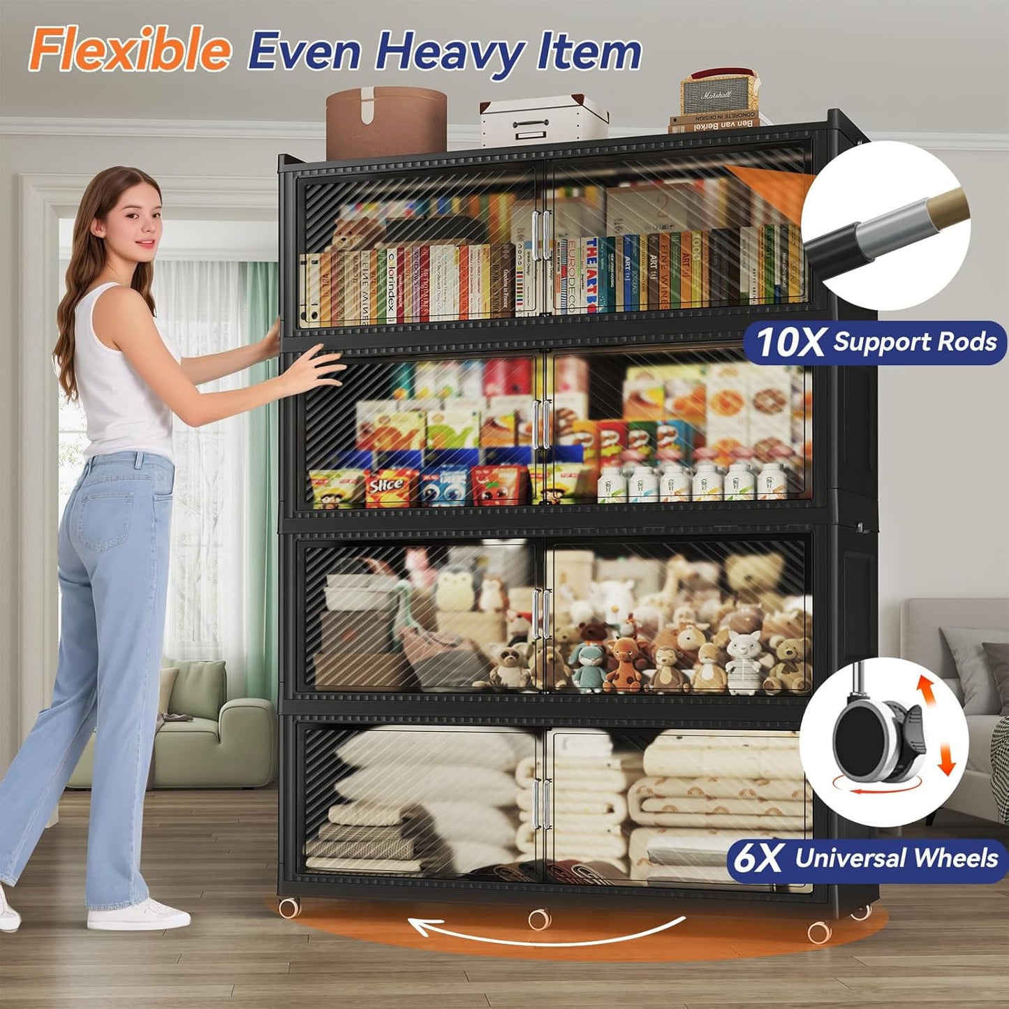 240GAL Extra Large Storage Bins with Lid, 960QT Collapsible Organizer with Wheels, Stackable Closet Cabinet with Doors, Folding Storage Containers for Home, Office, Dorm, 3Pack Black