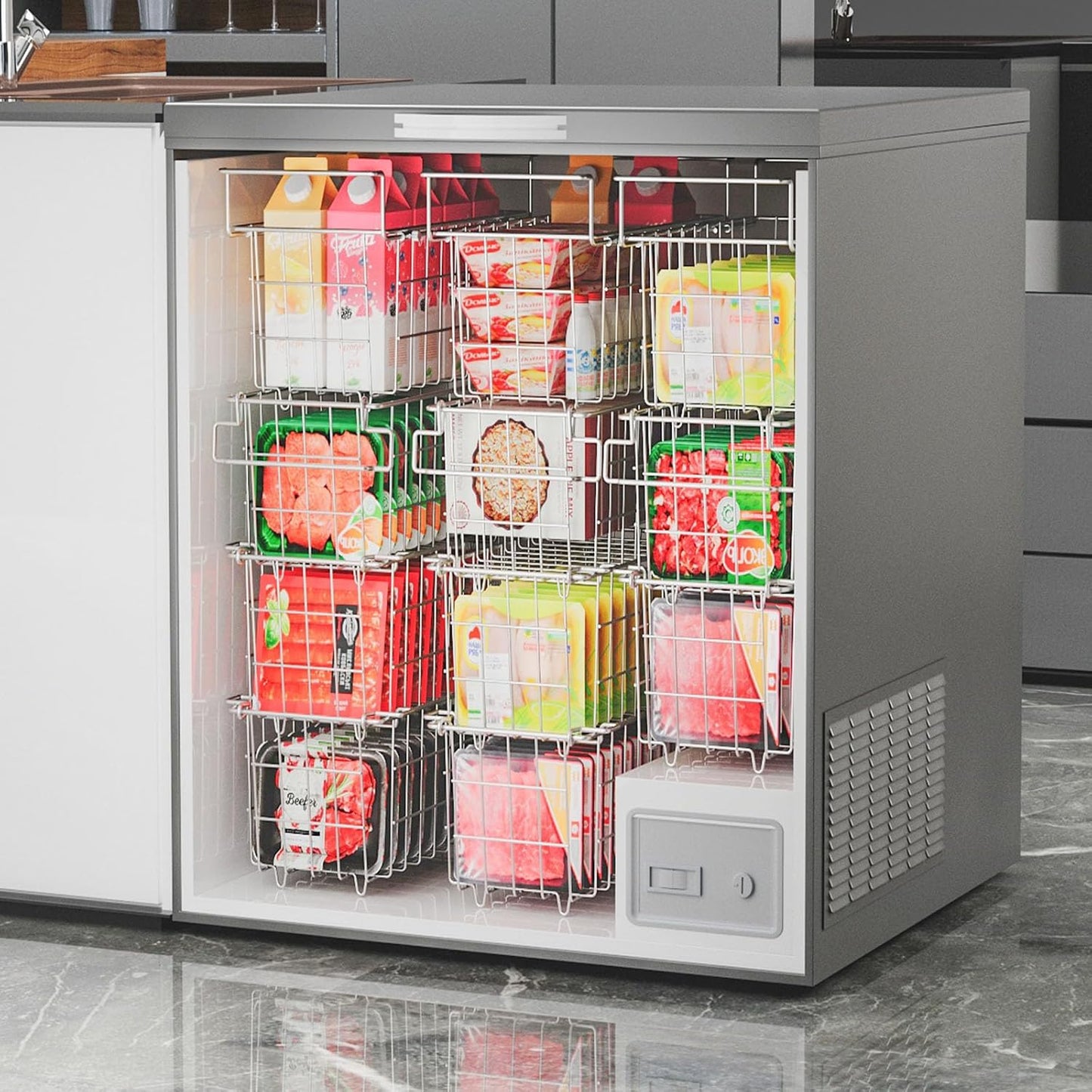 3Pack Adjustable Freezer Organizer Bins - Stackable & Hanging for 7 Cu.Ft Chest Freezer