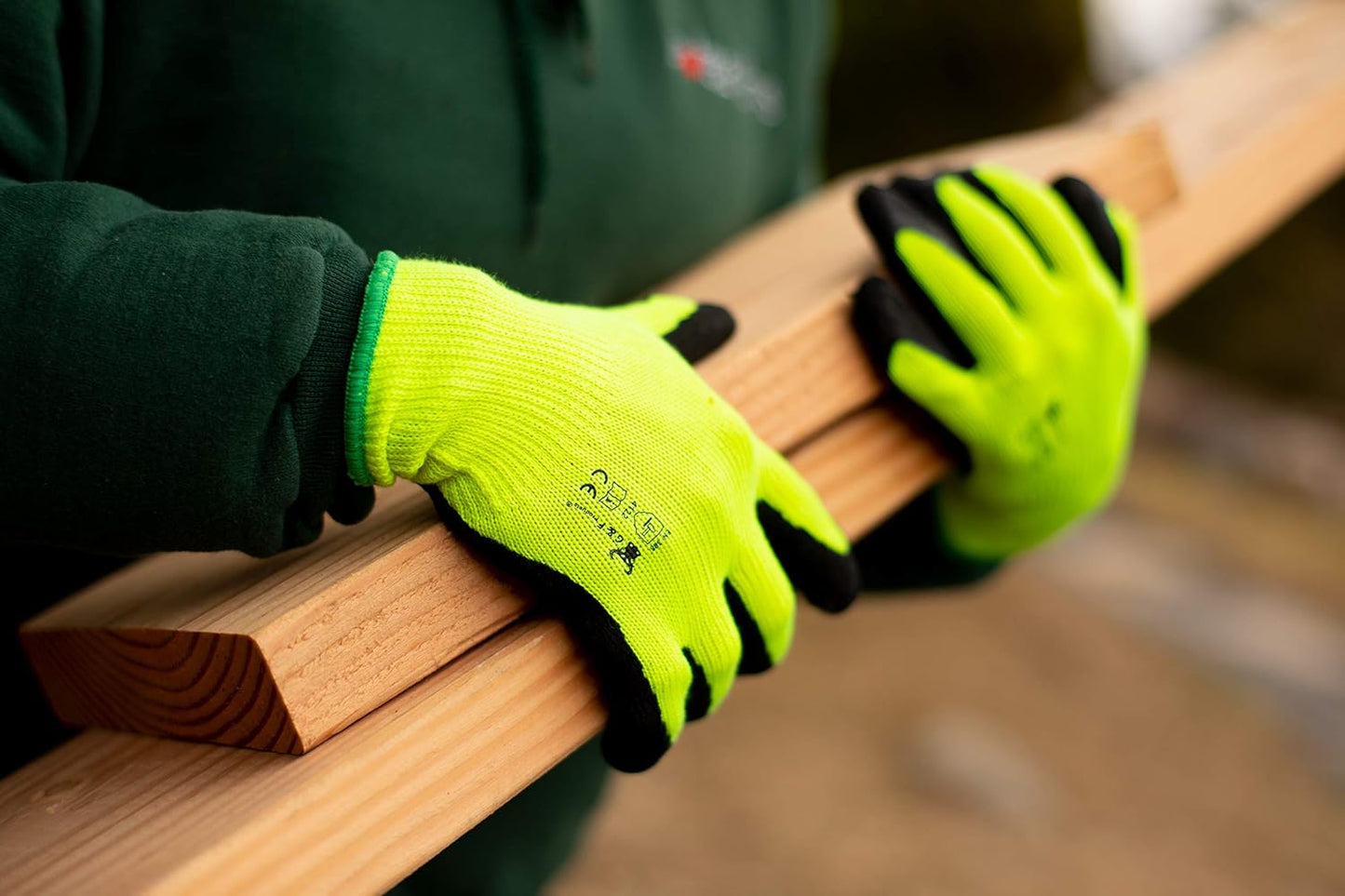 G & F 1516 12 Pairs Pack Premium High Visibility Low emissions Green Work and gardening Gloves for Men and Women.MicroFoam Textured Coated Palm and Fingers Gloves for Gardening Work,Size Medium,Green