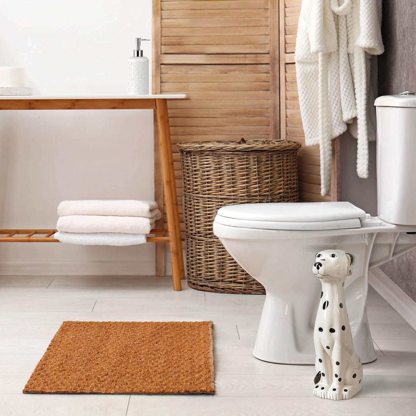 Allure Home Creation Dalmatian Dog White & Black 2-Piece Ceramic Toilet Brush Holder w/White Plastic Handled Scrub Brush, 9.4” x 5.3” x 16.7”