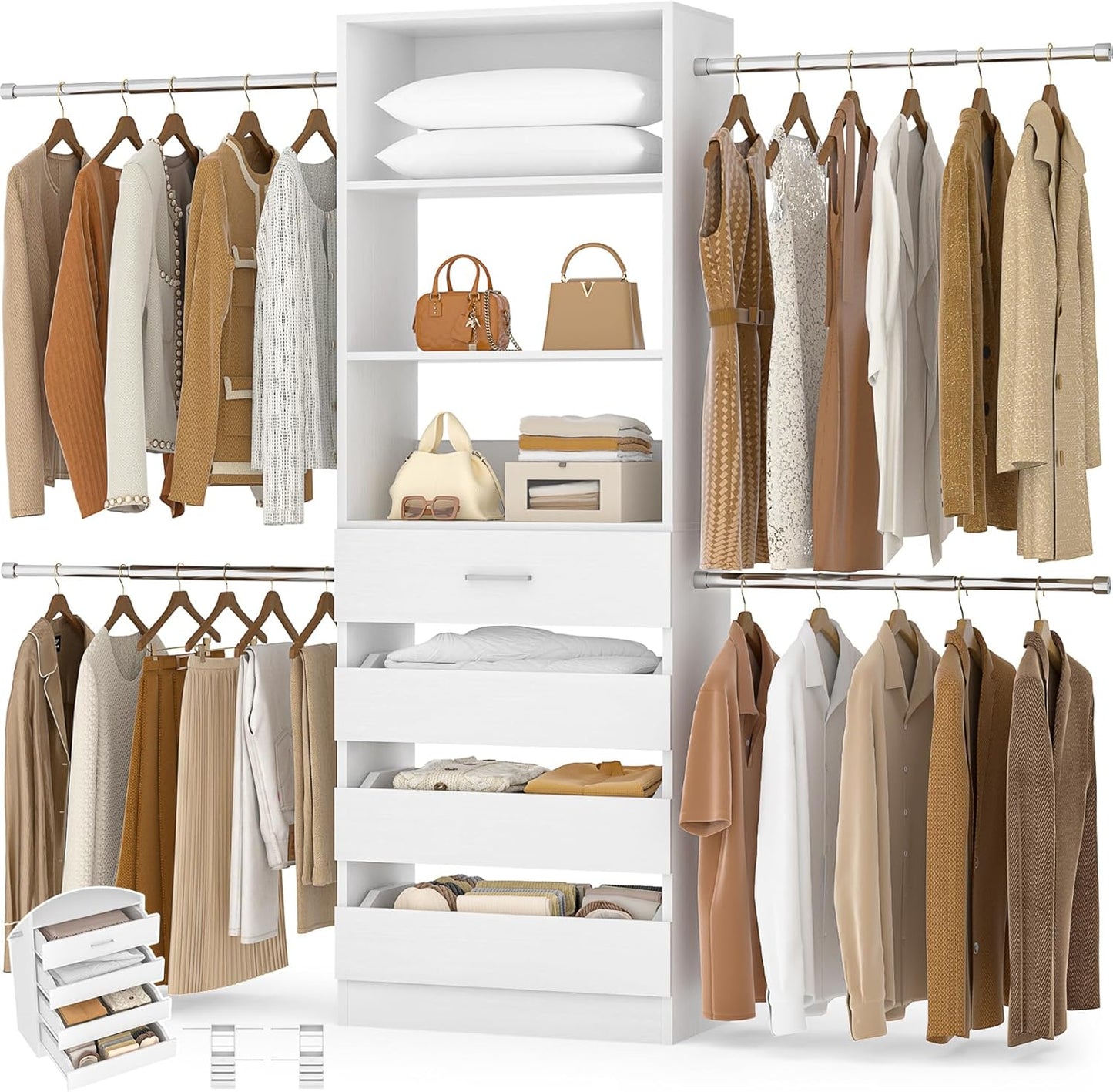 Aheaplus Closet System, 4-9Ft Closet Organizer with 4 Wooden Drawers, Wood Closet Organizer System with Tower, Walk-in Closet Organizer Wardrobe Clothes Rack with 4 Hanging Rods, Garment Rack, White