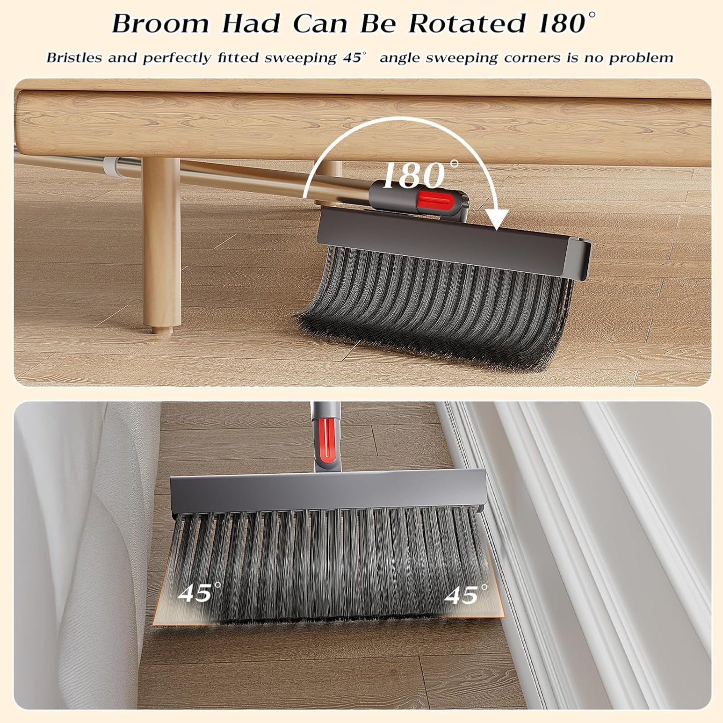 Broom with Dustpan Combo Set 50” Adjustable Long Handle 180 Degree Rotating Broom Set with Comb Teeth Upright Standing Dust Pan for Home Room Kitchen
