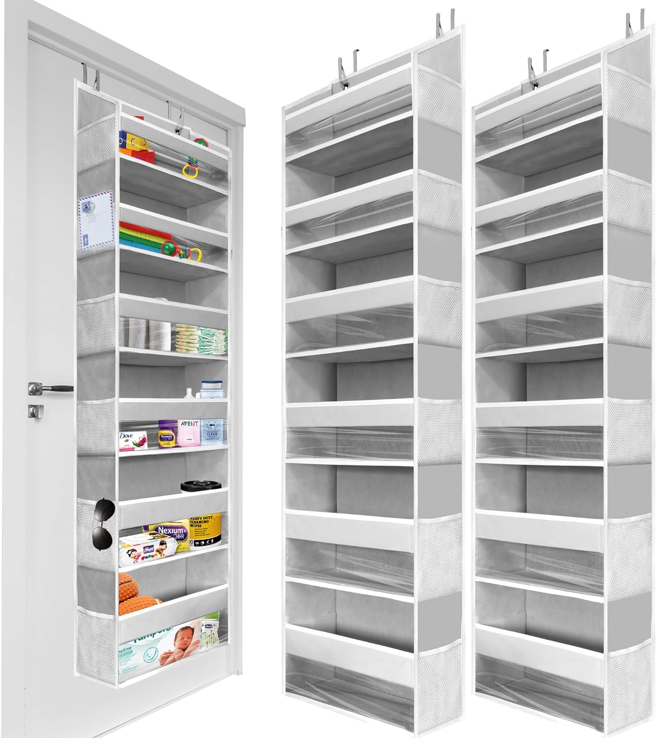 HOMELUX THEORY 2 PC Heavy Duty Over the Door Organizer 55x14x6.7, 6 Large Front & 12 Side Pockets, Hanging Storage Closet Door Organizer for Bedroom, Bathroom and Baby Nursery Storage (Light Gray)