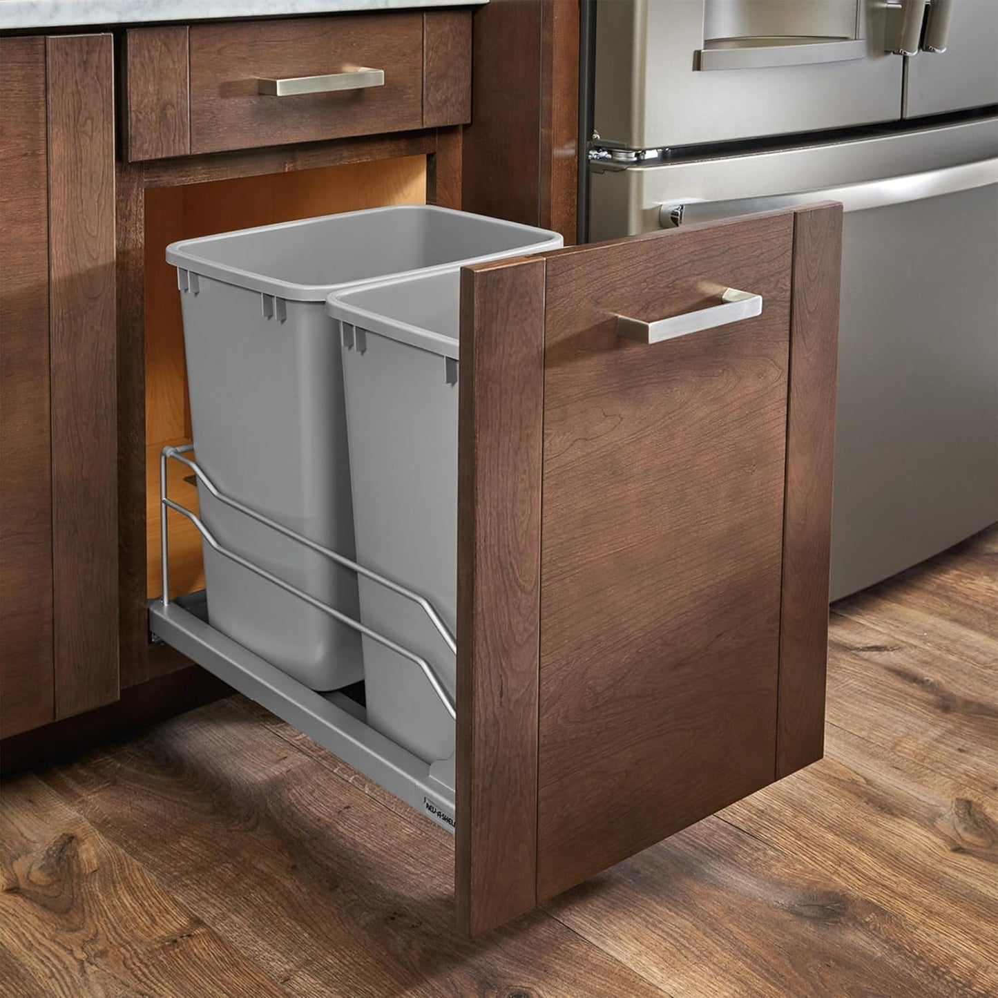 Rev-A-Shelf Double Pullout Trash Can for Base Kitchen Cabinets 27 Quart 12.5 Gallon with Soft-Close Slides, Metallic Silver, 53WC-1527SCDM-217