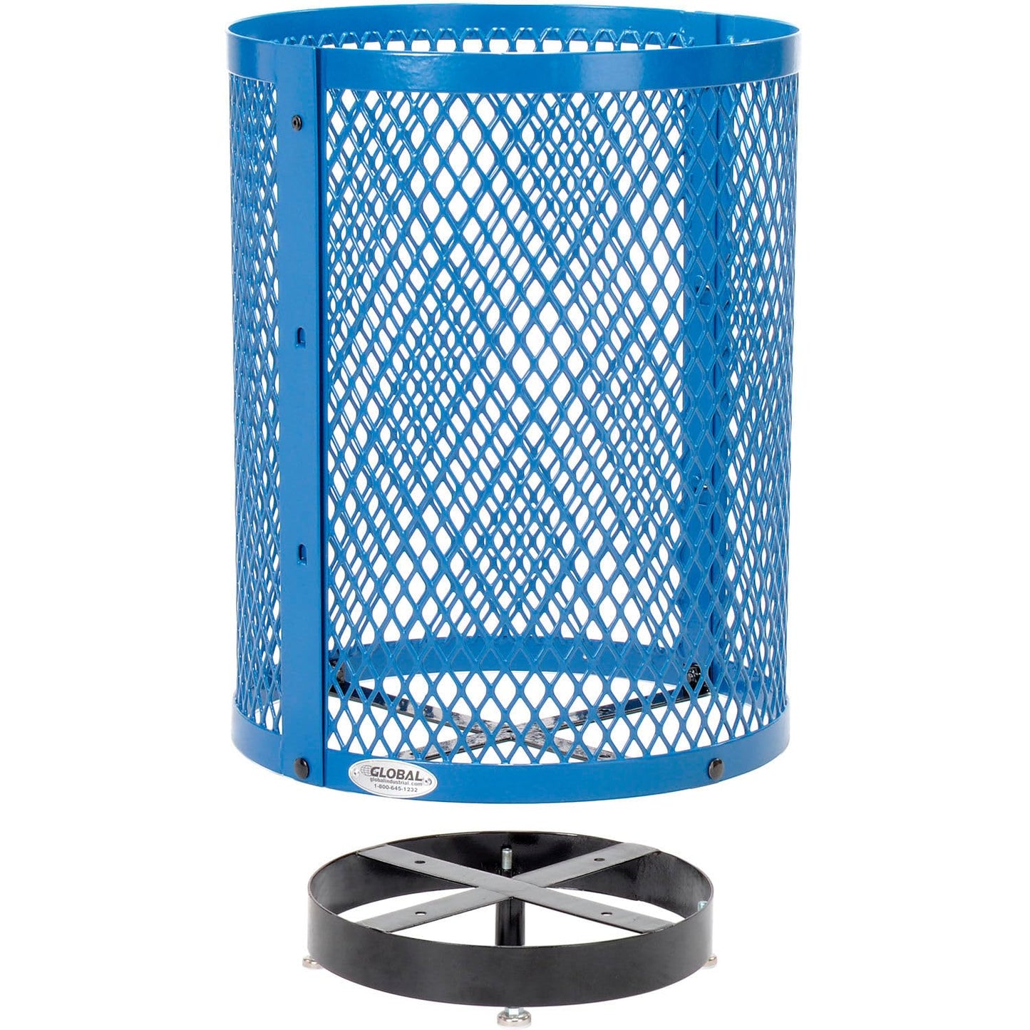 Global Industrial Outdoor Diamond Steel Trash Can with Rain Bonnet Lid, Raised Base and Plastic Liner, 36 Gallon Capacity, Blue, Thermoplastic Coating, 23-1/2" Diameter, 43-1/2"H