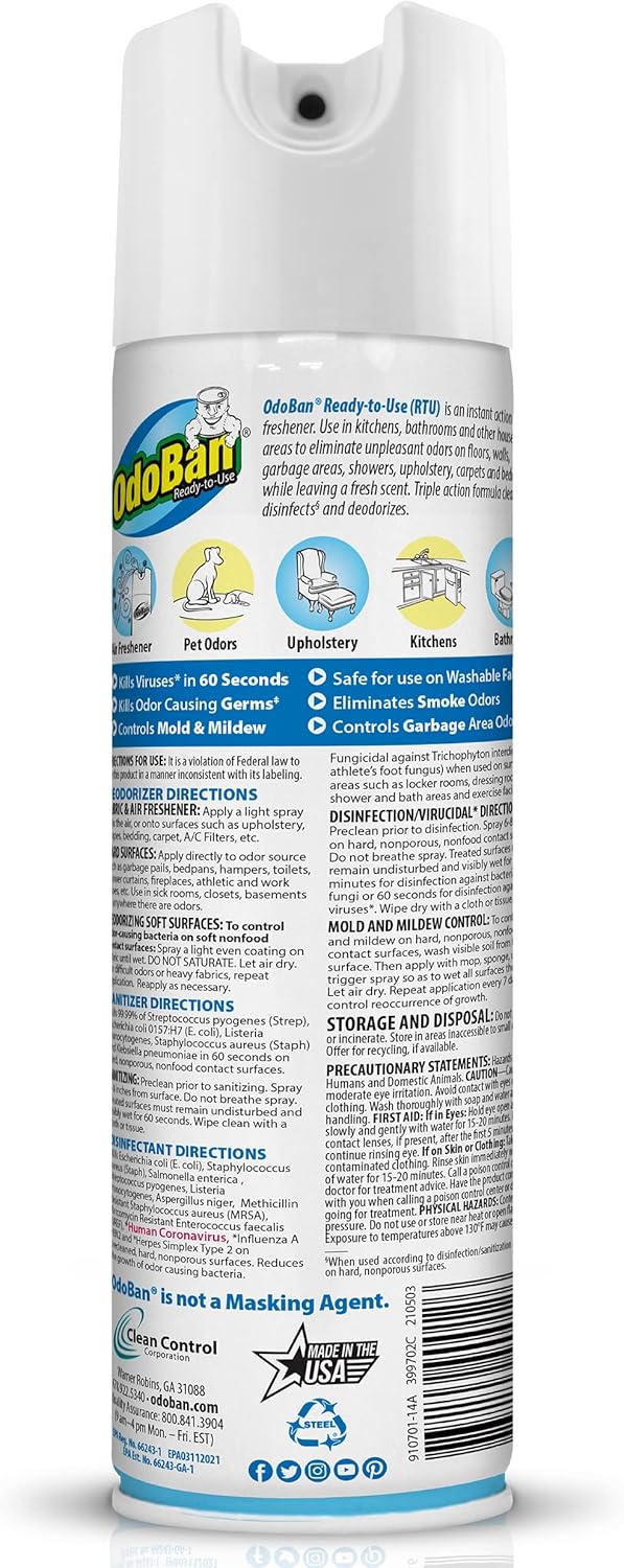 OdoBan Ready-to-Use 360-Degree Continuous Spray Disinfectant and Harsh Aroma Eliminator, Fabric and Air Freshener, 2 Pack, 14.6 Ounces Each, Fresh Linen Scent