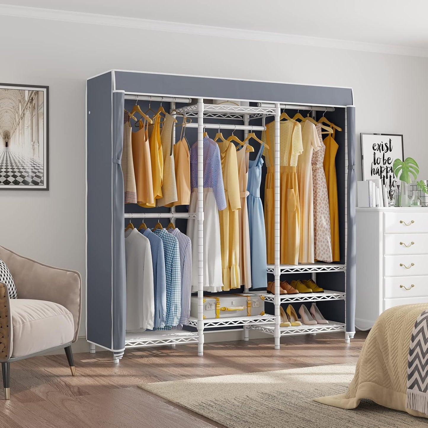 VIPEK V5C Covered Clothes Rack Heavy Duty Portable Closet Wardrobe, Freestanding White Metal Clothing Rack with Grey Oxford Fabric Cover, Adjustable Custom Closet Rack, 57.9" Lx17.3 Wx76.4 H (Medium)