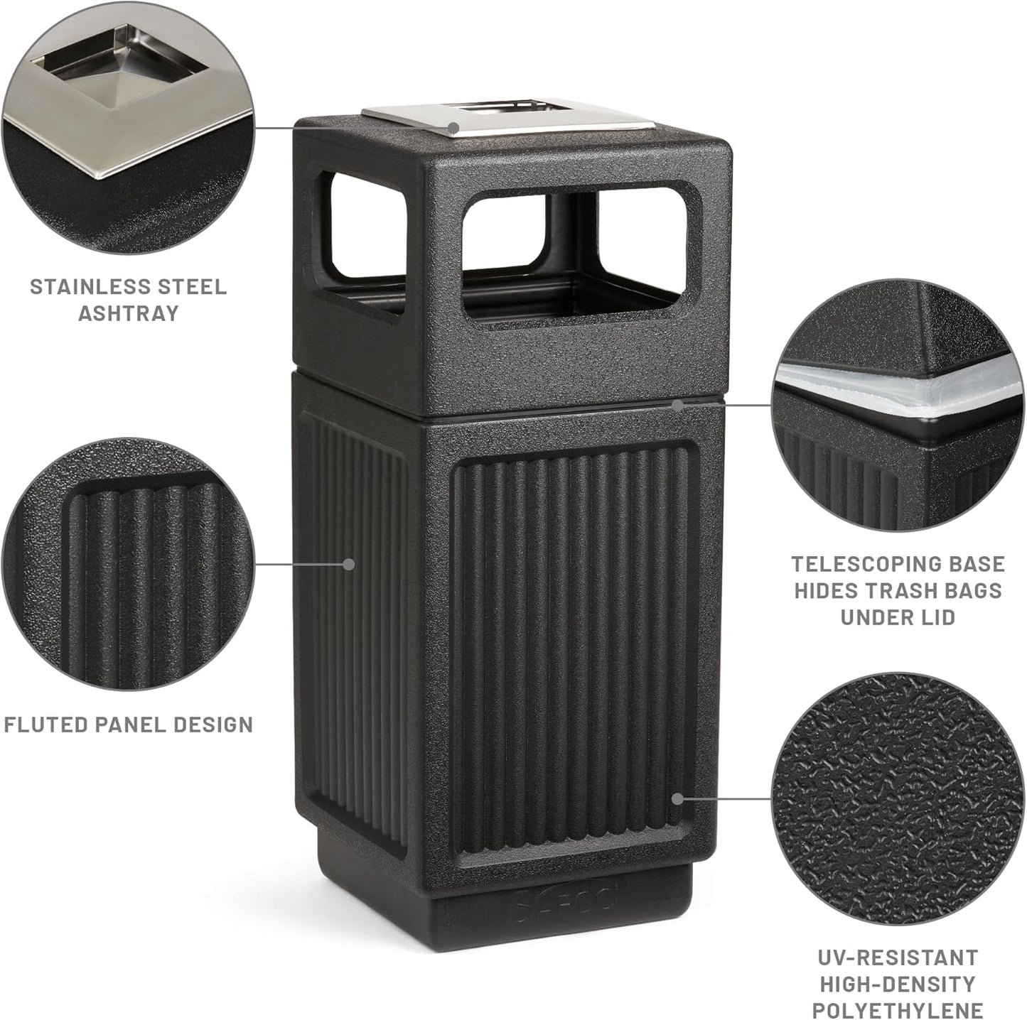 Safco Canmeleon Trash Can, 30 Gallons, Indoor and Outdoor Use, Durable & Weather-Resistant Commercial Garbage Can with Ashtray, Black
