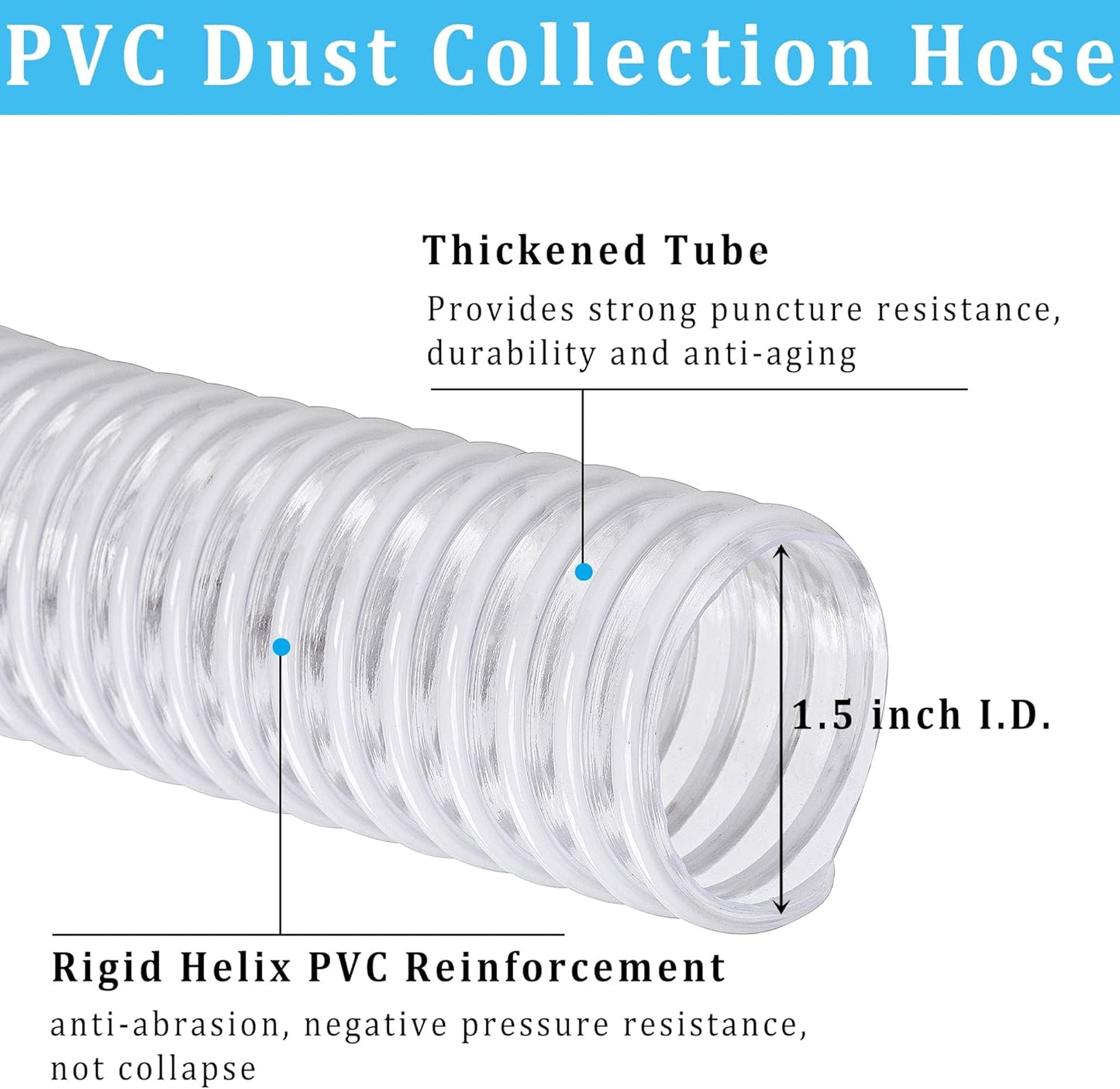 Dust Collection Hose 1-1/2 in × 20 ft Heavy Duty Clear Flexible PVC Reinforced Thicken Helix Suction Discharge Corrugated Pipe Hose for Fume Dust Collector Fitting Wood Chip Saw (1.5 inch hose)