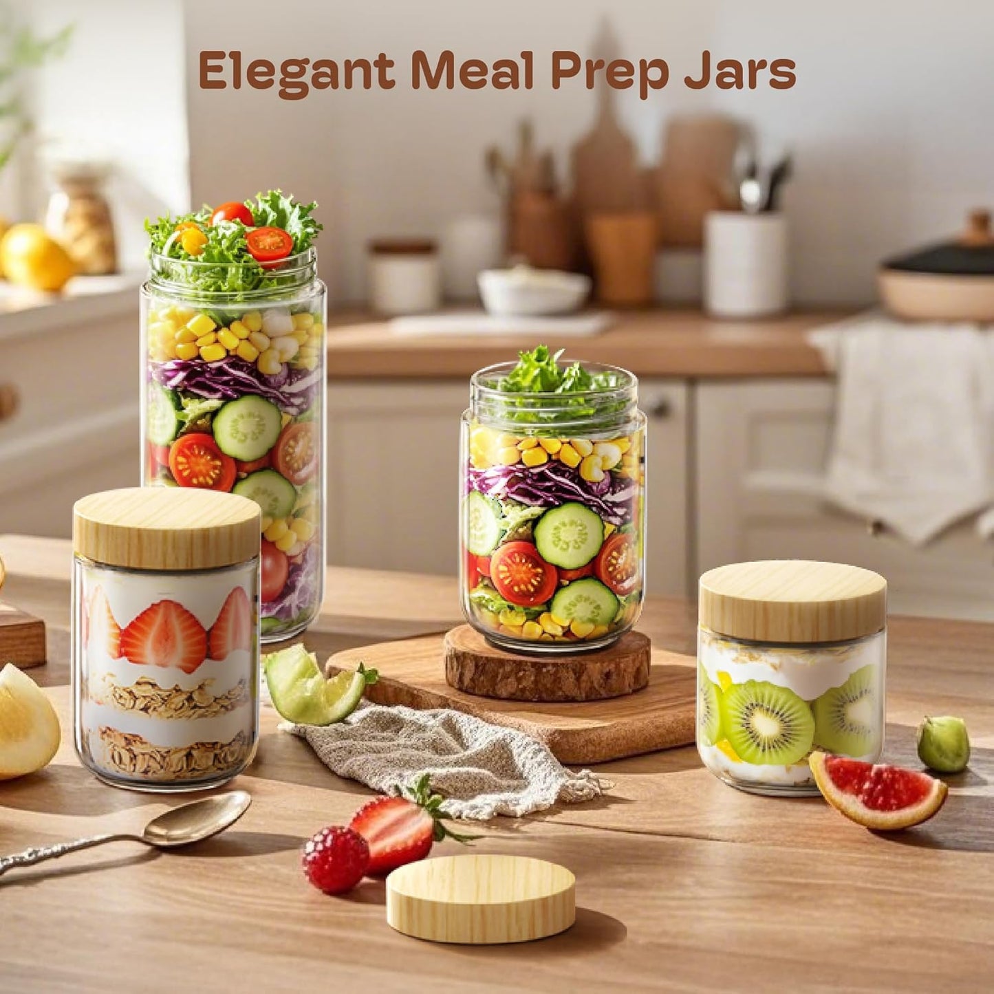 4 pack 16oz Overnight Oats Containers with Bamboo Lids, Glass Jars with Airtight Lids for Meal Prep, Wide Mouth Mason Salad Jars, Glass Food Storage Container for Yogurt Chia Snacks Spice Sugar