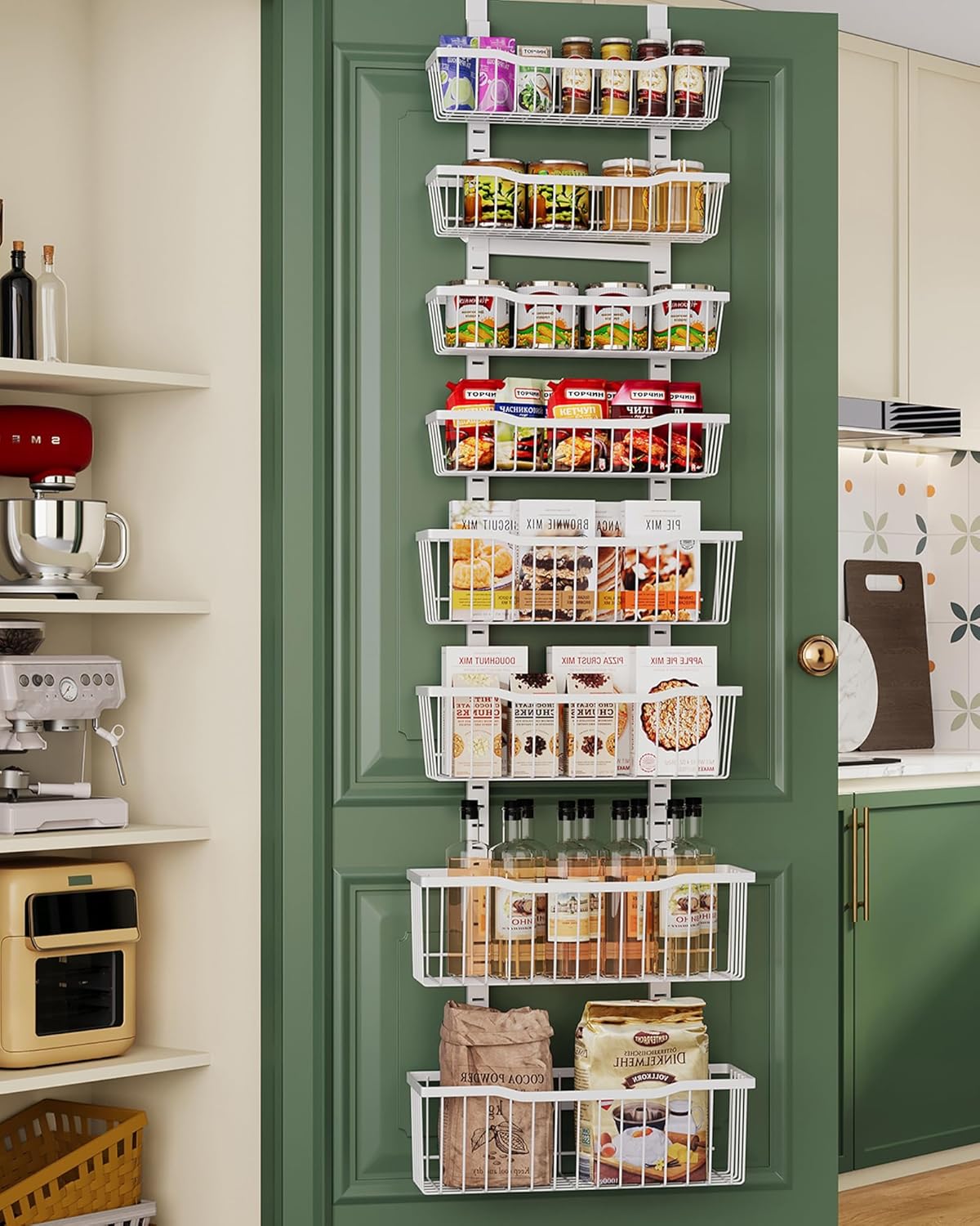 Over The Door Organizer，8-Tier Over The Door Pantry Organizer with Adjustable Baskets，Metal Hanging Pantry Organizers and Storage for Kitchen, Back of Door Seasoning Rack (White)