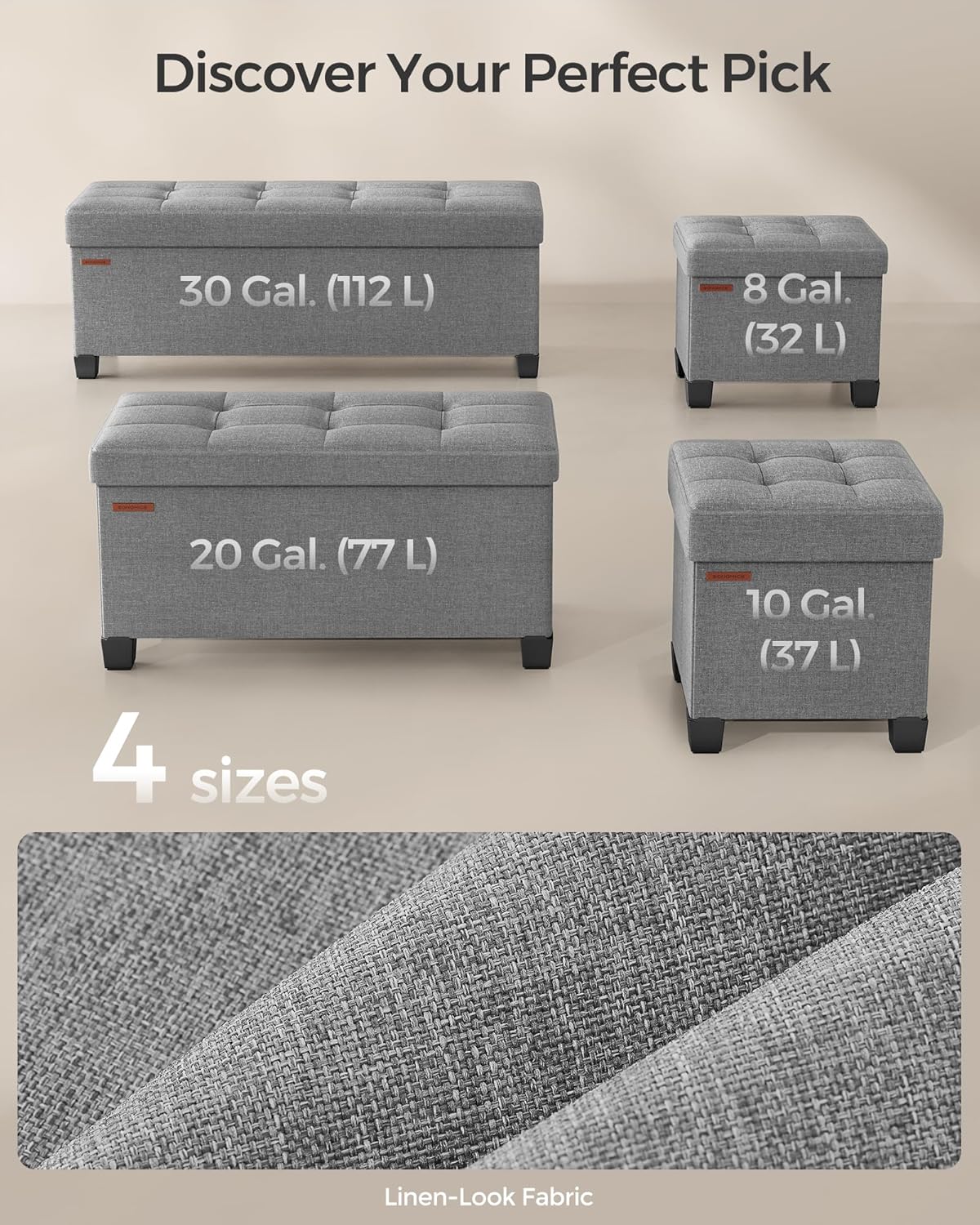 SONGMICS Storage Ottoman Bench, Foldable Foot Rest with Legs, 15 x 43 x 15.7 Inches, End of Bed Bench, Storage Chest, Load up to 660 lb, for Living Room, Bedroom, Entryway, Dove Gray ULSF018G02