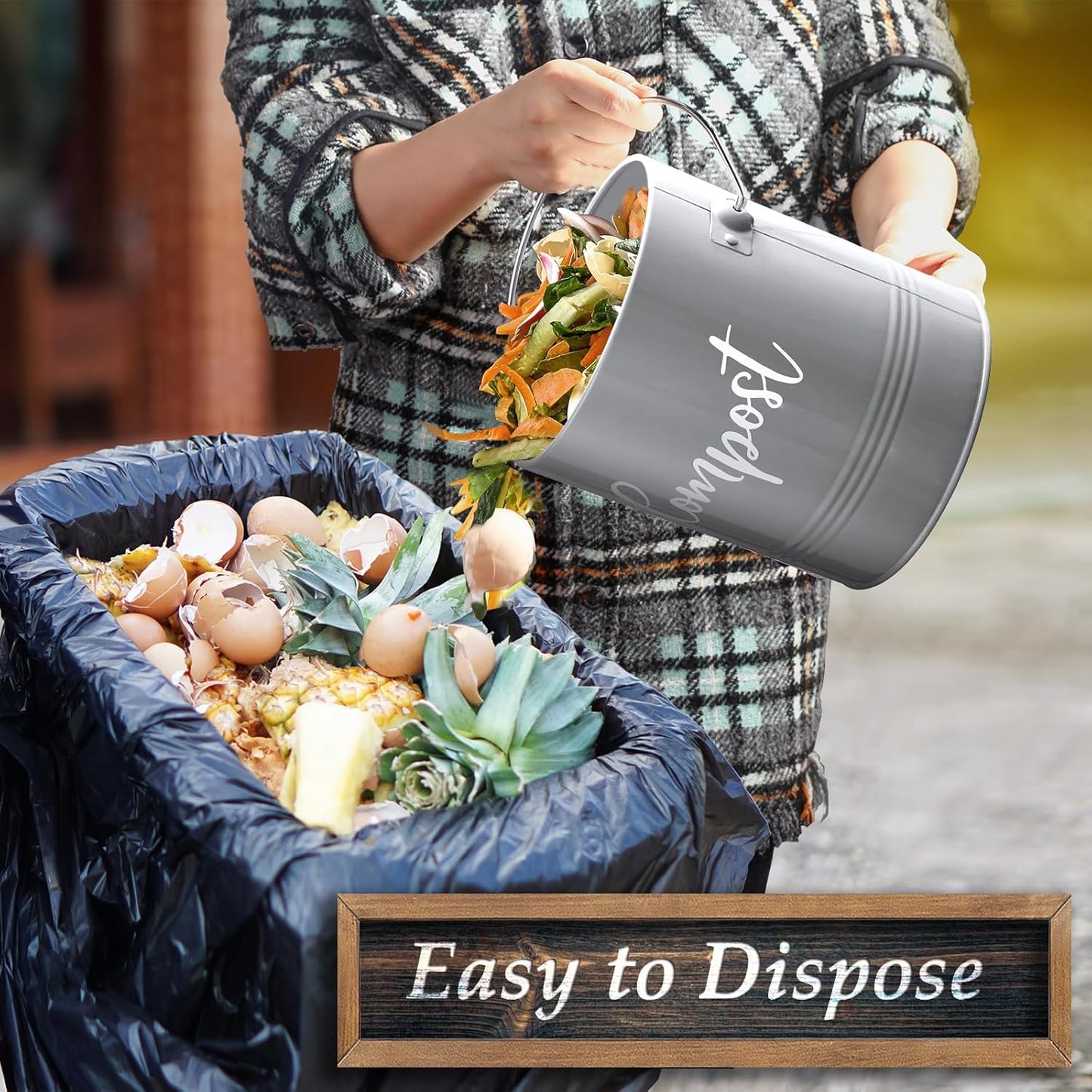Gray Compost Bin Kitchen, 1.3 Gallon Farmhouse Kitchen Compost Bin Countertop with Lid and Charcoal Filters, Indoor Compost Bucket for Decor and Accessories