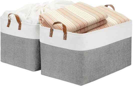 DULLEMELO Extra Large Storage Baskets for Organizing 22"x15"x13" Foldable Fabric Storage Baskets Organizer Bins with Handles Large Storage Basket for Shelves Closet Toys Books (White&Grey)