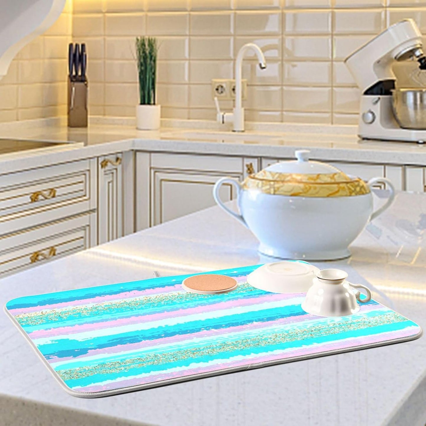 Turquoise Stripe Dish Drying Mat for Kitchen Countertop 18x24 Rectangle Teal Aqua Large Drying Mat Reusable Quick Dry Dish Sink Absorbent Mats Dishwasher Easy Clean Decorative Home Decor Essentials