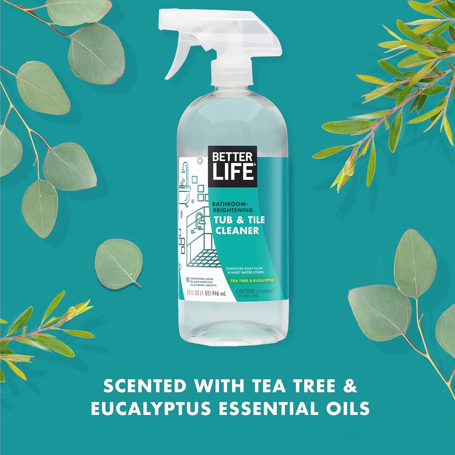 BETTER LIFE Bathroom Cleaner - Tea Tree Bathtub & Shower Cleaner Spray for Glass and Tile - Foaming Mold and Mildew Remover for Tub Works on Hard Water Stains - 32oz, Pack of 1