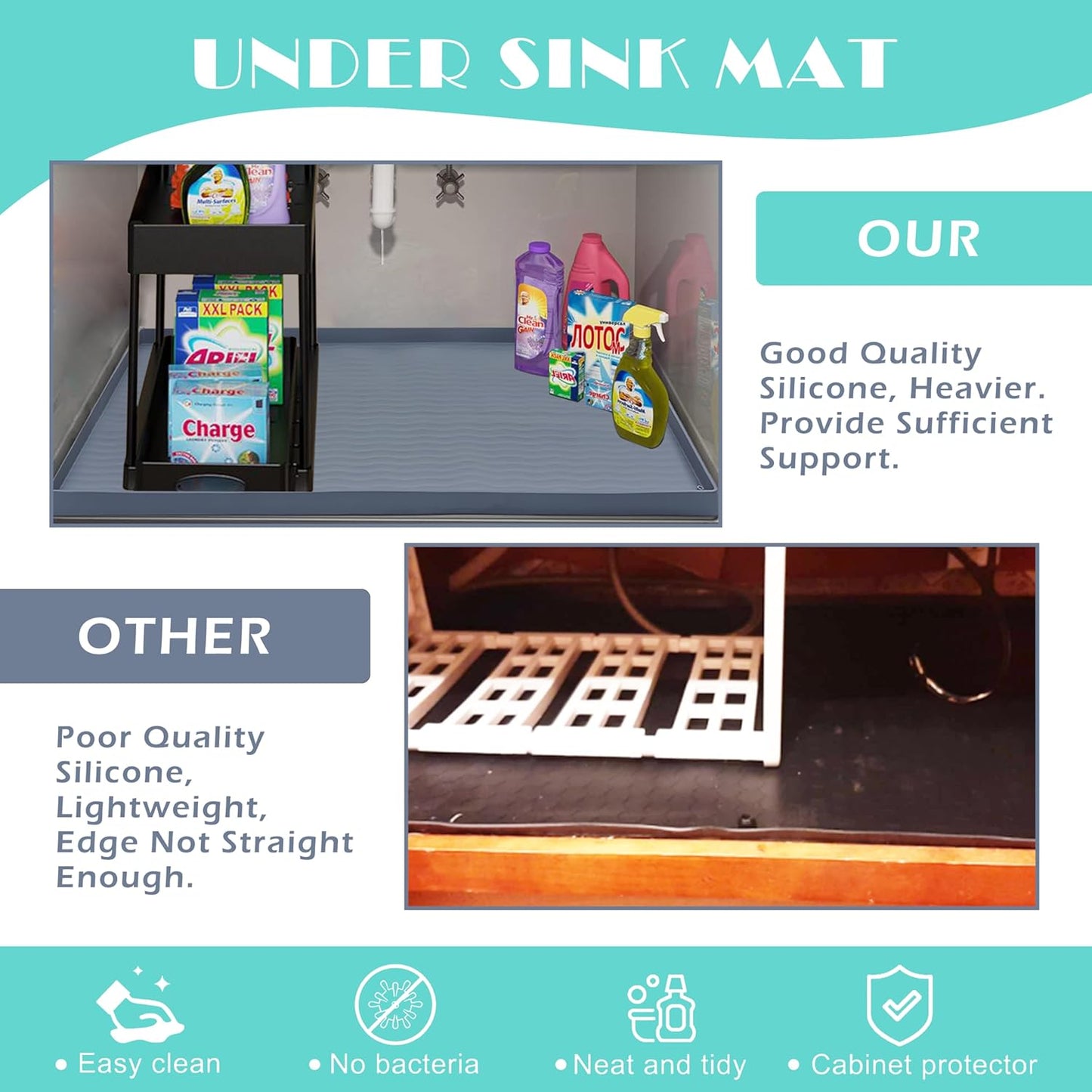 URMONA Waterproof Silicone Under Sink Mat 31'' x 22'' Shelf Liner for Kitchen and Bathroom, Cabinet and Counter Protector, Storage and Organizers, Litter Mat, Pet Cat Puppy Essentials(Black)