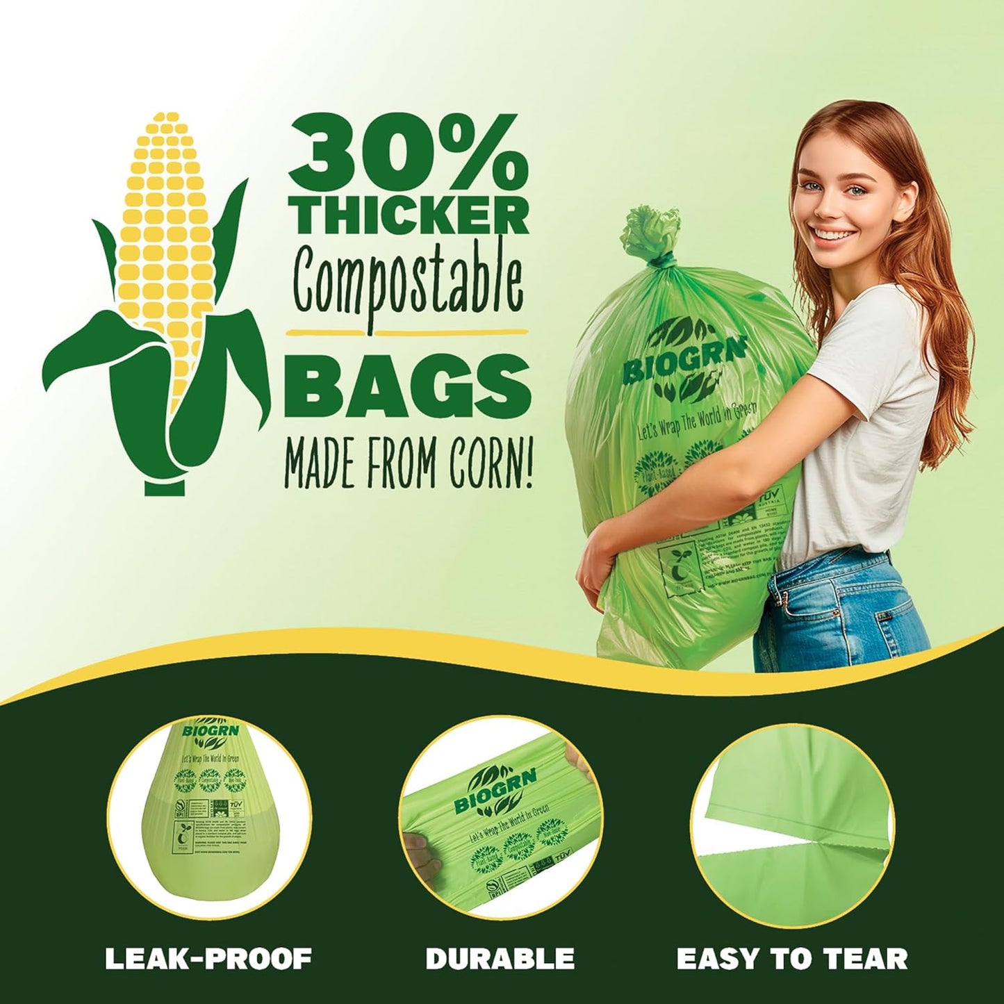 50-55 Gallon Compostable Trash Bags Flat-Top 12 Bags Heavy Duty 1.57 Mil 208.2 Liter Large Lawn and Yard Waste Bag Compost for Outdoor Garden ASTM D6400, US BPI and OK Compost Home Certified