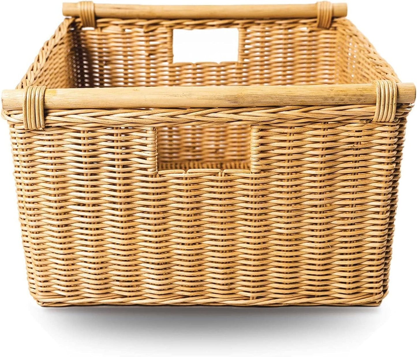 The Basket Lady Deep Pole Handle Wicker Storage Basket, Small, 11.5 in L x 11.5 in W x 8 in H, Sandstone