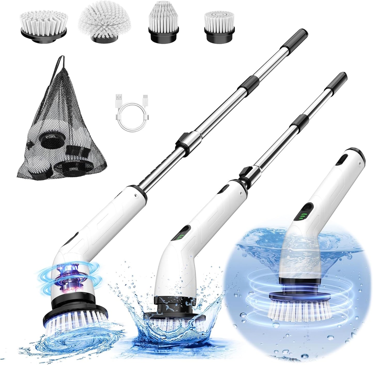 Electric Spin Scrubber, Full-Body IPX7 Waterproof Cordless Shower Scrubber with 4 Replaceable Heads, Upgraded Extension Handle, 2H Work Time, 2 Speeds for Bathroom Shower Tile Glass