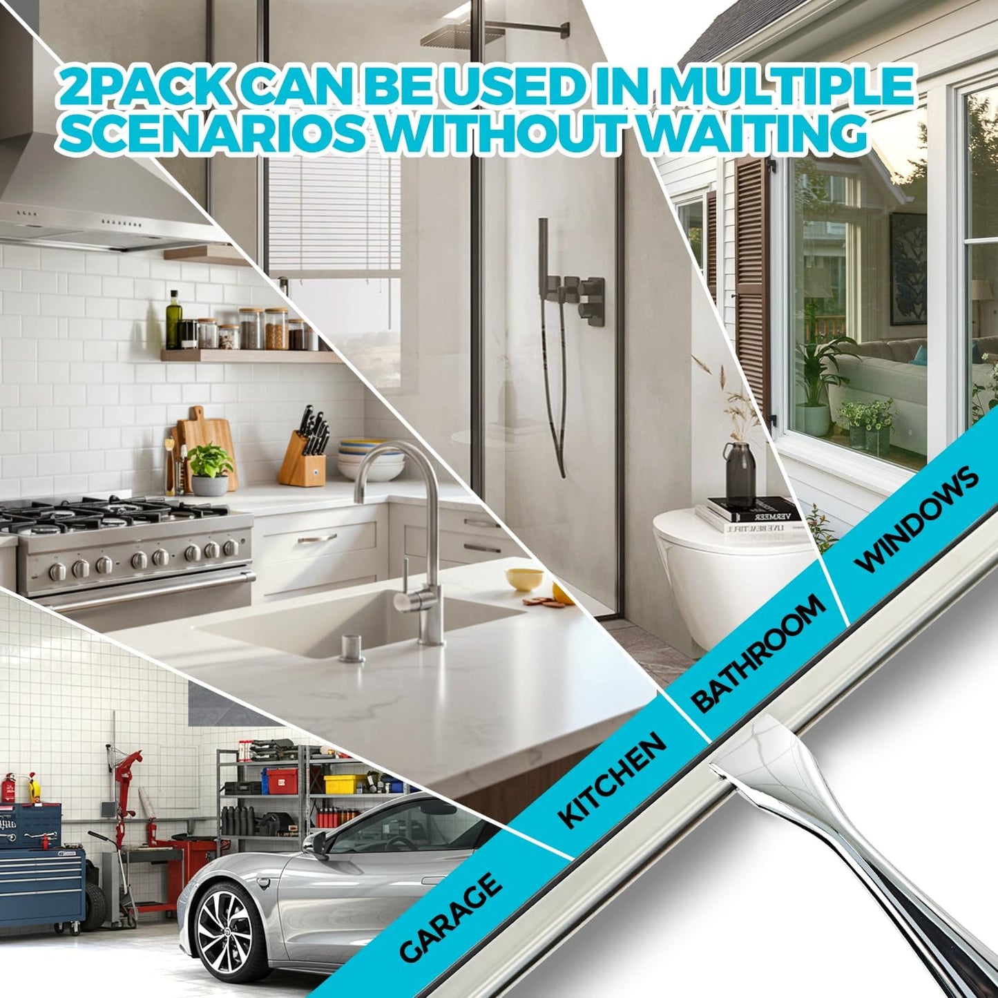 2PACK All-Purpose Shower Squeegee for Shower Doors, Tile Shower Walls, Bathroom, Window, Glass and Car Windshield, Mirrors and Kitchen-Stainless Steel, 9.8-Inch, Silver
