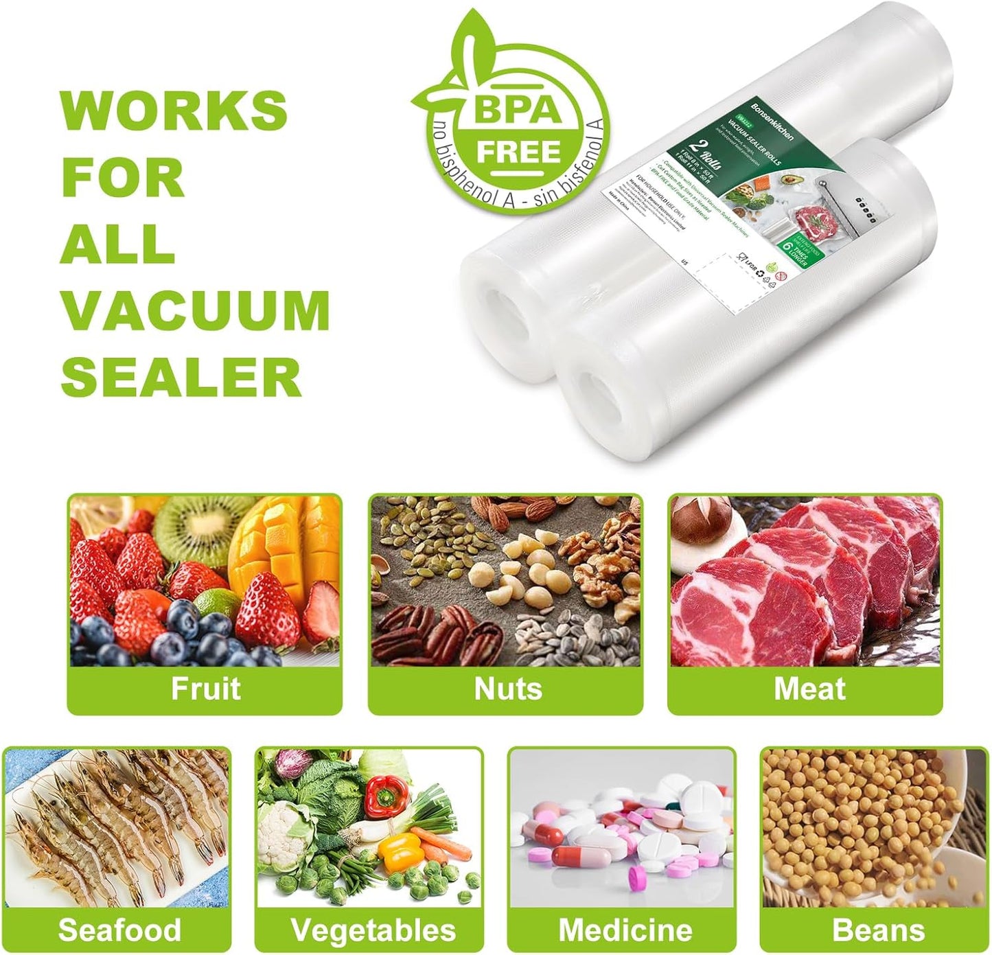 Bonsenkitchen Vacuum Food Sealer Rolls Bags, 8" x 50' & 11" x 50' Commercial Grade BPA Free Bag Rolls, Durable Customized Size Food Vac Bags for Storage and Sous Vide Cooking VB3212