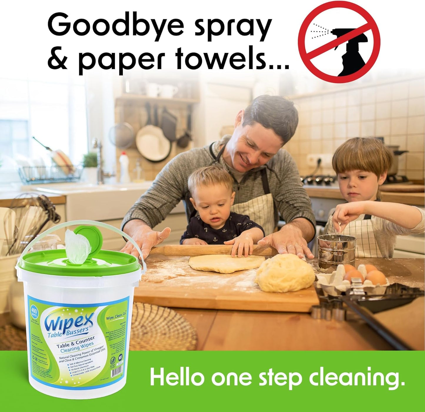 Wipex Table Bussers - Natural Table & Counter Turnover Cleaning Wipes With Vinegar, Propolis, Clove And Cinnamon Oil, 400 Ct (2 Buckets, 800 Wipes)