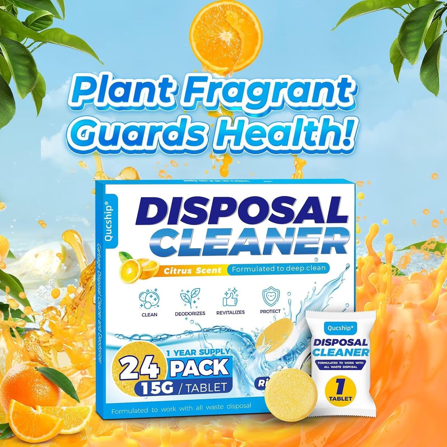 Qucship Powerful XXL Foaming Garbage Disposal Cleaner and Deodorizer Tablets - 24 Pack, Citrus Scent Garbage Disposal Cleaner, Sink Drain Clean for 1 Year Kitchen, House, Home Cleaning Essentials