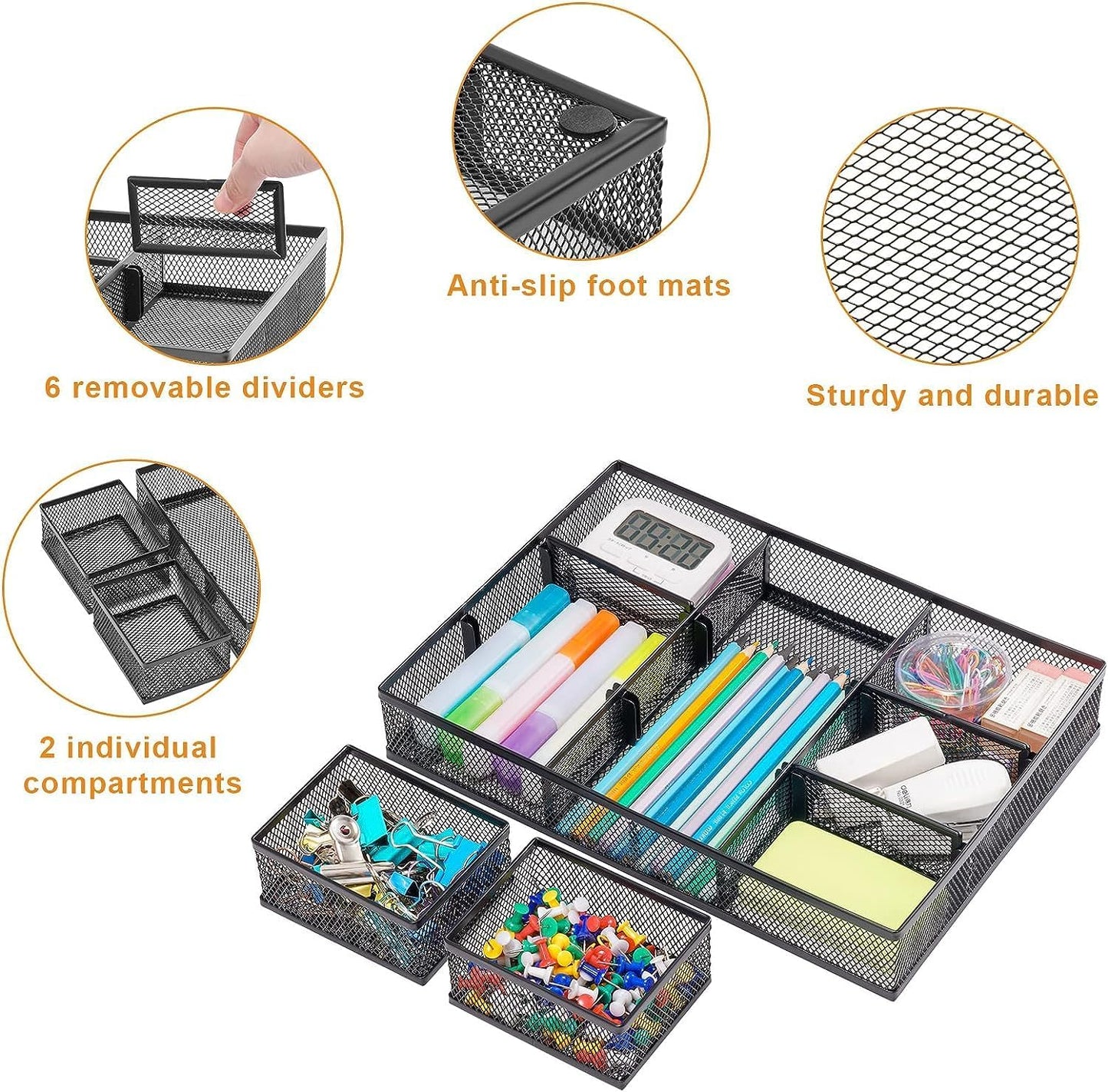 Marbrasse 3 Pack Desk Drawer Organizers with 9 Adjustable Compartments for Makeup, Office Supplies & Accessories (Black)