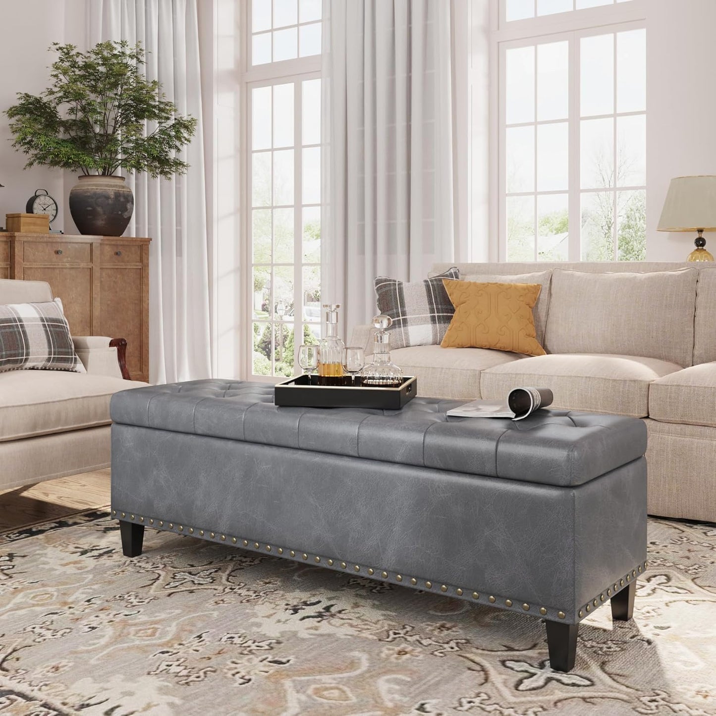 Storage Ottoman Bench, 51-Inch Large Storage Ottoman for Bedroom End of Bed, 30 Gallons Faux Leather Bench for Bedroom, Living Room, Entryway, Hallway, Grey