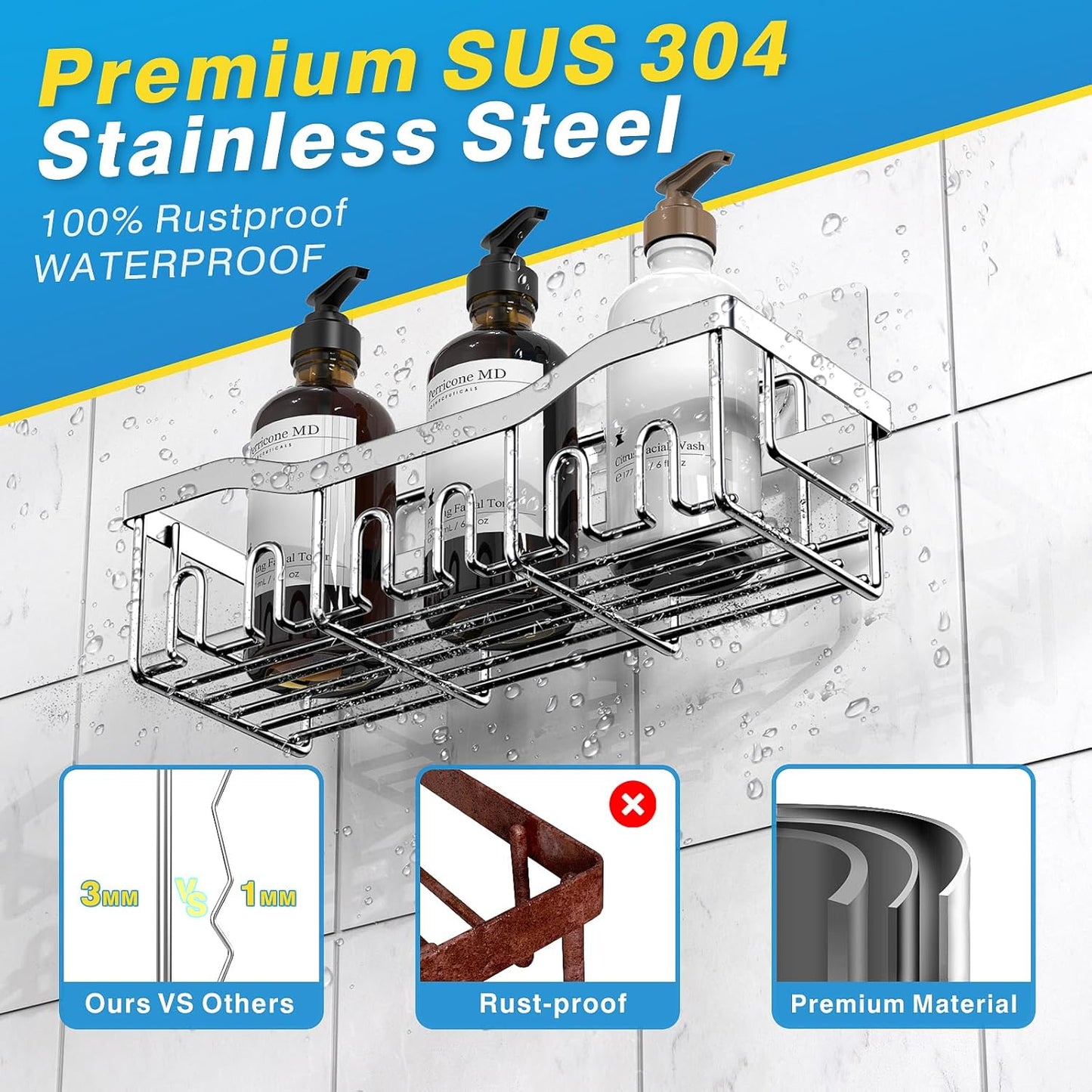 EUDELE 5-Pack Rustproof Stainless Steel Shower Caddy – No Drill Adhesive Bathroom Organizer with Large Capacity, Spacious Shower Shelves for Inside Shower, Kitchen & Home Decor Storage-XL Size