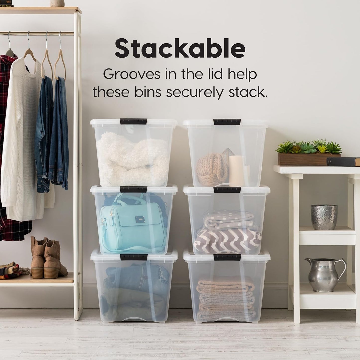 IRIS USA 6-Pack 54 Quart Stackable Storage Bins with Lids [Made in USA] - Everyday Organizer Latching Clear Plastic Organization Containers Closet Bedroom Shelving Units Home Storage - Clear/White