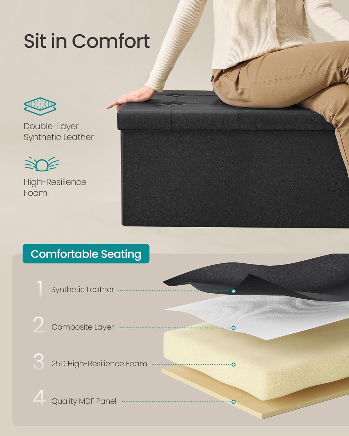 SONGMICS MAZIE Collection - 30 Inches Folding Storage Ottoman Bench, Ottoman with Storage, Foot Rest Stool, Load 660 lb, for Living Room, Synthetic Leather, Black ULSF105