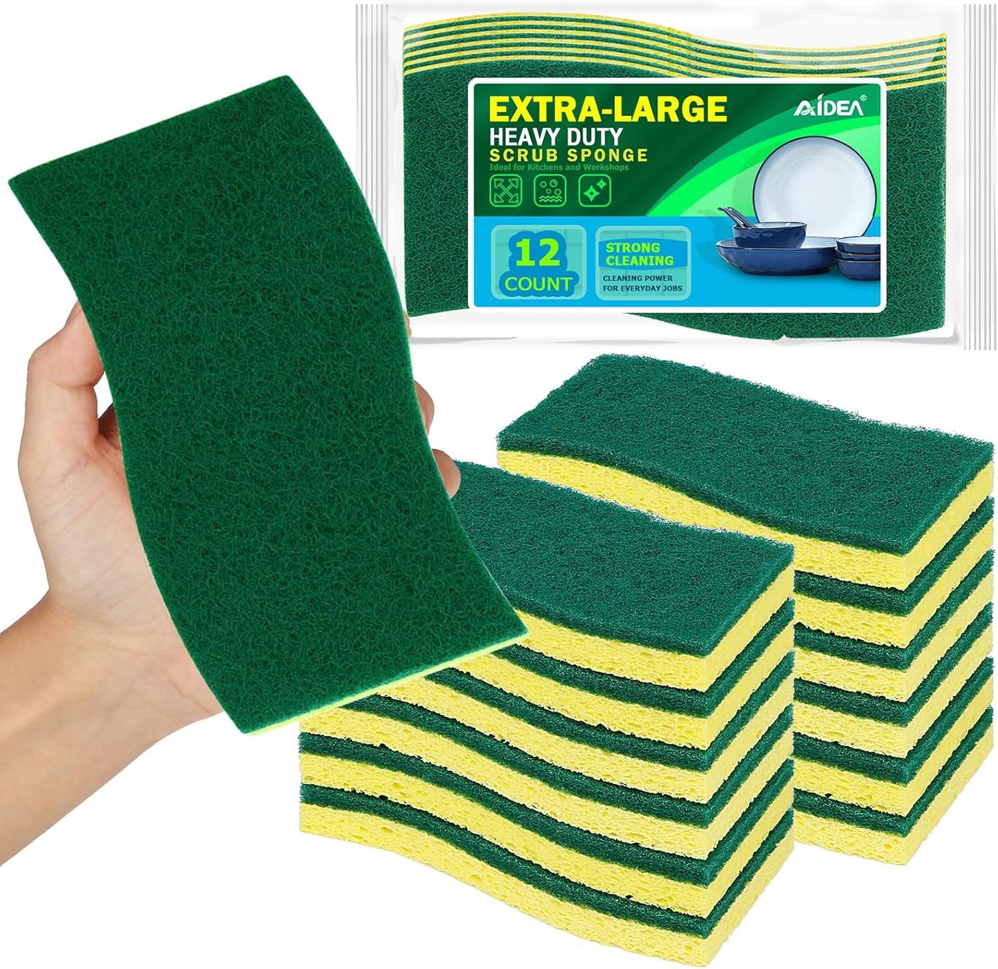 AIDEA XL Scrub Sponges Heavy Duty 12Count, Sponges for Dishes, Extra Large Sponge for Cleaning Kitchen and Household, Heavy Duty Sponge Safe for Non-Coated Cookware, Cleaning Power for Bathroom, House