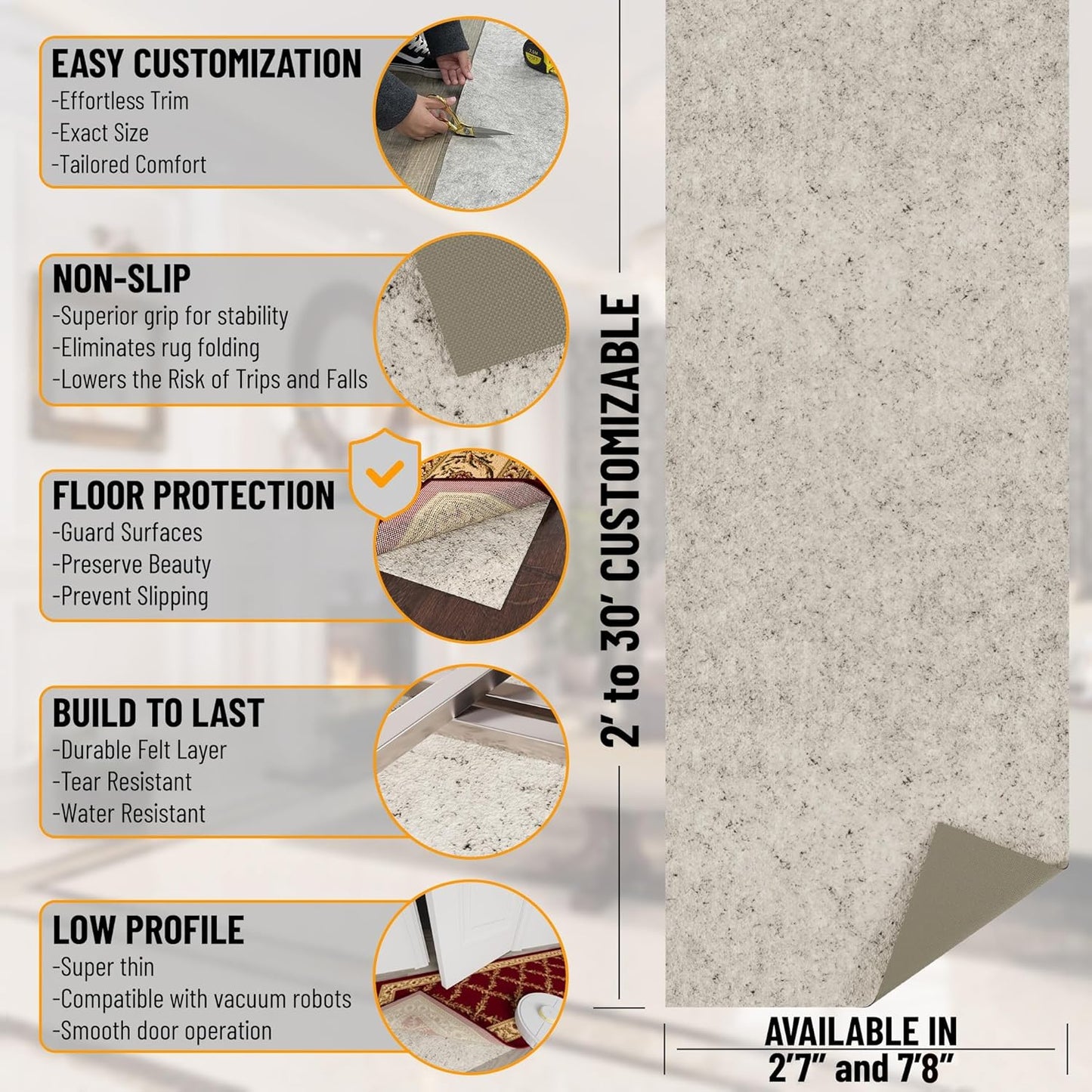 Ottomanson 2'7" x 6' Non-Slip Rug Pad Gripper 1/12 Inch Ultra Thin Dual Surface Felt + Rubber Gripper - Safe for All Floors, Cream