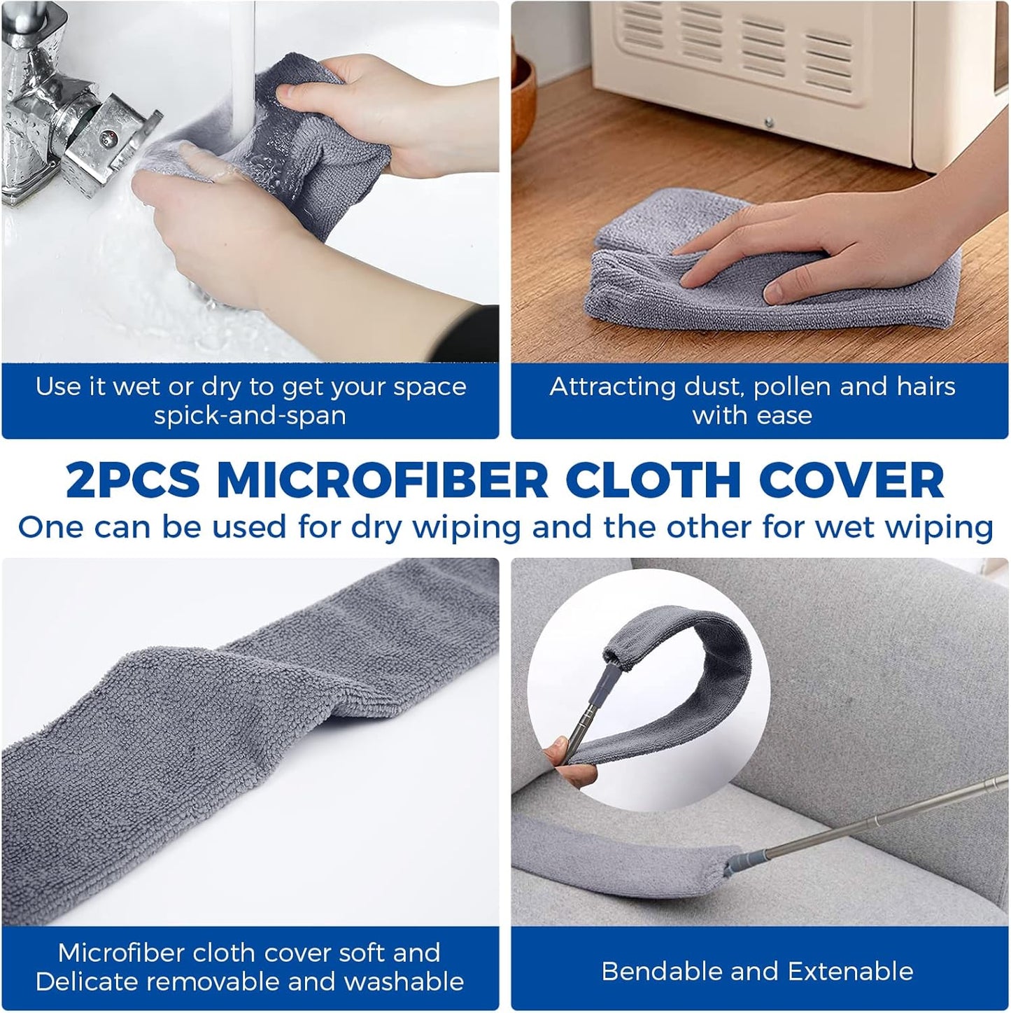 Retractable Gap Dust Cleaner Cleaning Tools with 2 Microfiber Dusting Cloths Long Handle 60inches Washable and Retractable Duster Brush for Cleaning Under Appliances Furniture Couch Fridge