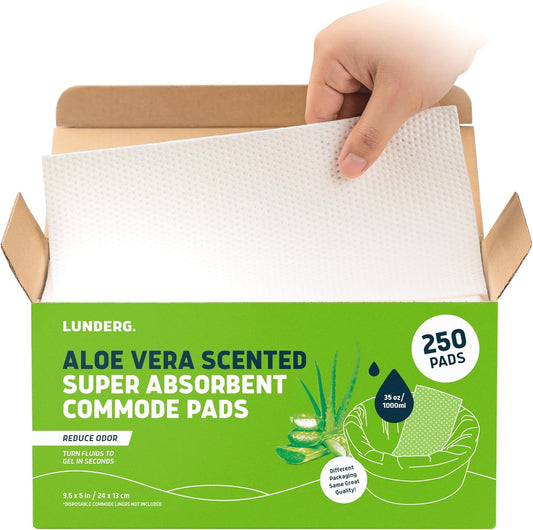 Lunderg Aloe Scented Super Absorbent Commode Pads - Medical Grade Value Pack 250 Count - for Disposable Bedside Commode Liners, Adult Chairs, Portable Buckets & Camping Toilet Bags - Light Scent