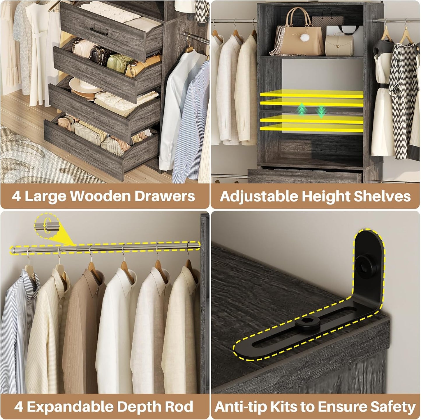 Aheaplus Closet System, 4-9 Ft Closet Organizer with 4 Wooden Drawers, Wood Closet Organizer System with Tower, Walk-in Closet Organizer Wardrobe Clothes Rack with 4 Hanging Rods, Black Oak