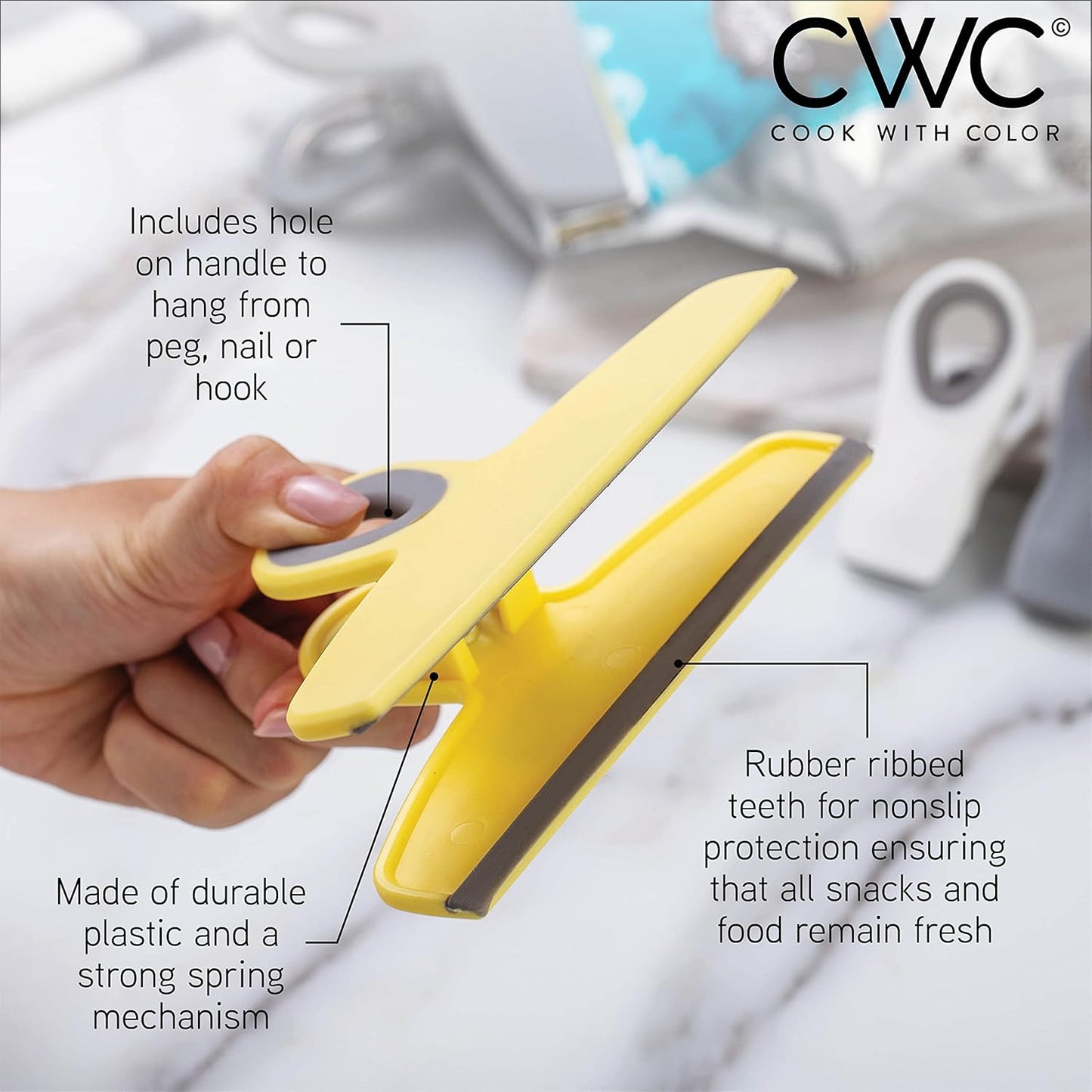 COOK WITH COLOR Bag Clips - Heavy Duty Chip Clip and Refrigerator Magnet Clips for Food Storage with Air Tight Seal Grip, Yellow and Grey, Pack of 8 Large Clips