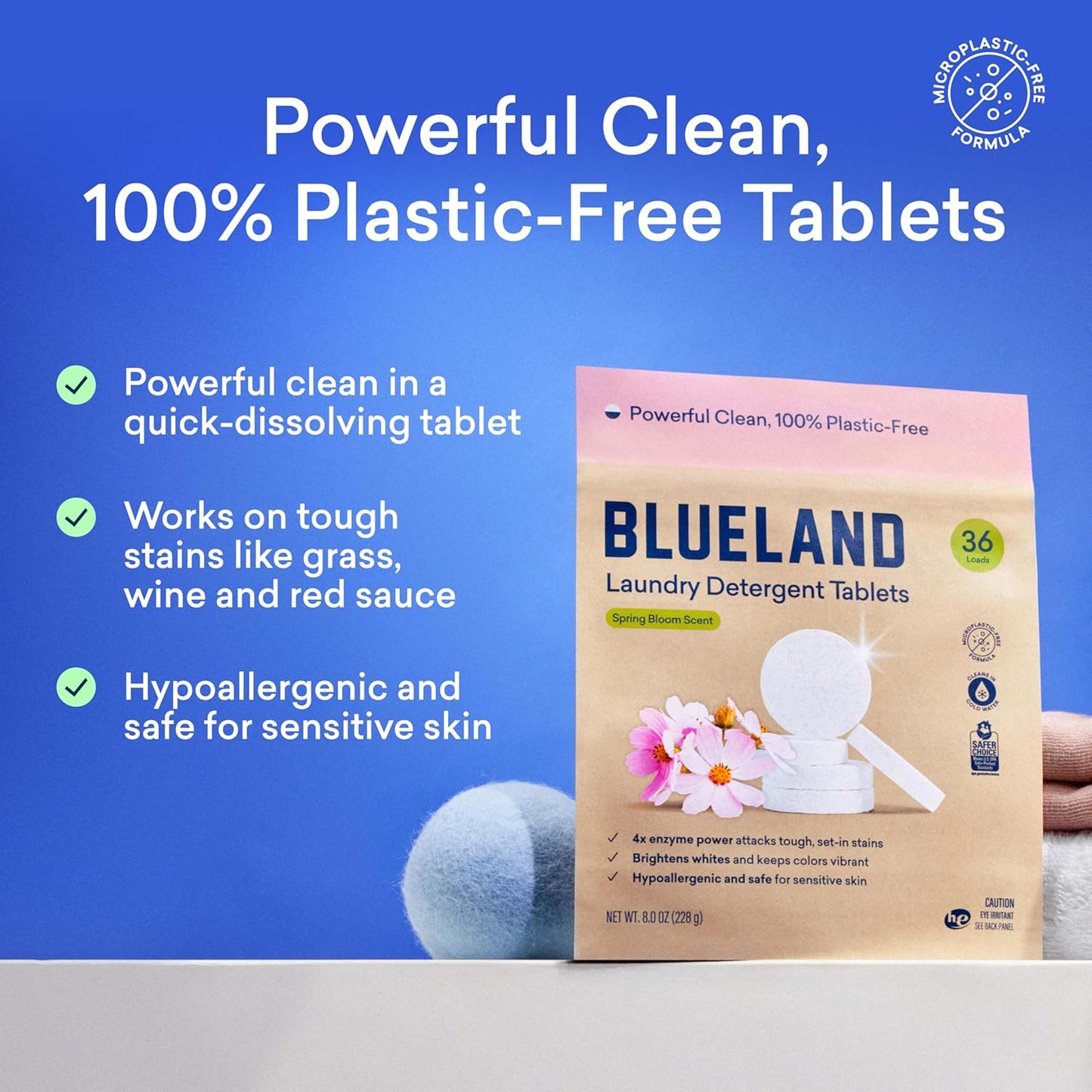 BLUELAND Laundry Essentials Kit, Spring Bloom - Plastic-Free Laundry Detergent Tablets, Oxi Booster, and Reuseable Natural Wool Dryer Balls