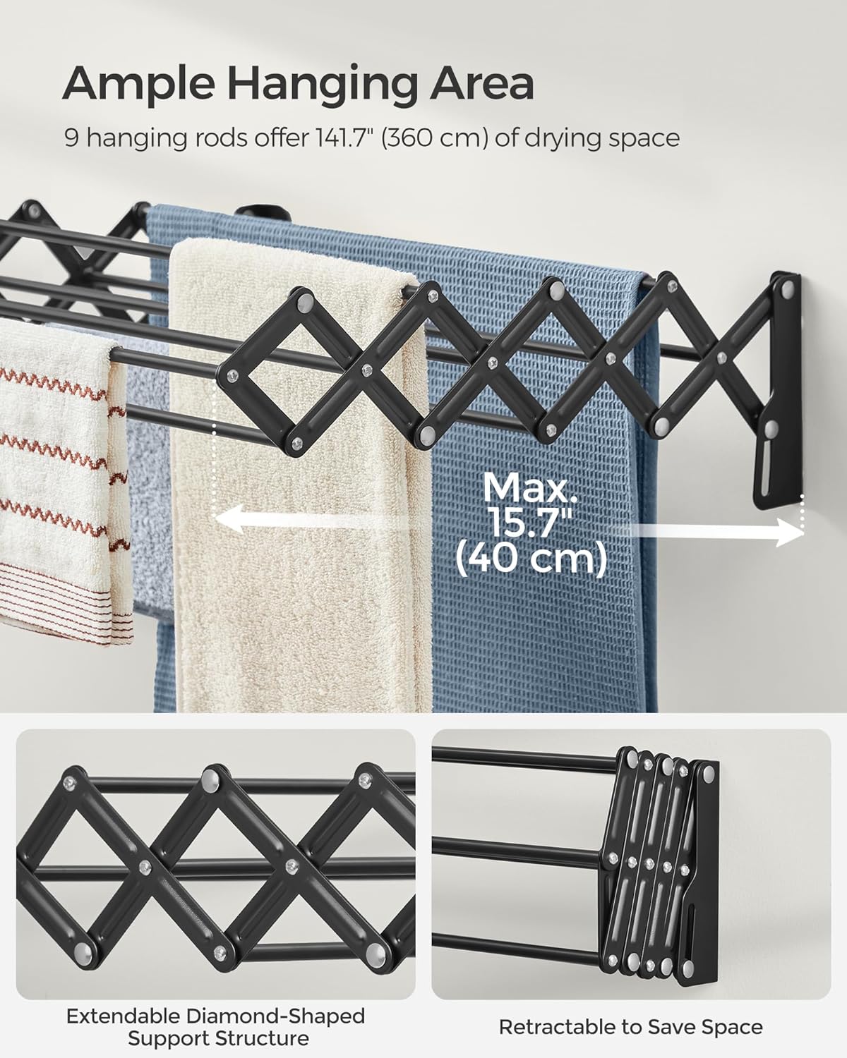 SONGMICS Clothes Drying Rack, Wall-Mounted Drying Rack Clothing, Small Accordion Laundry Rack, 9 Staggered Hanging Rods, Expandable and Retractable, Ink Black ULLR802B01