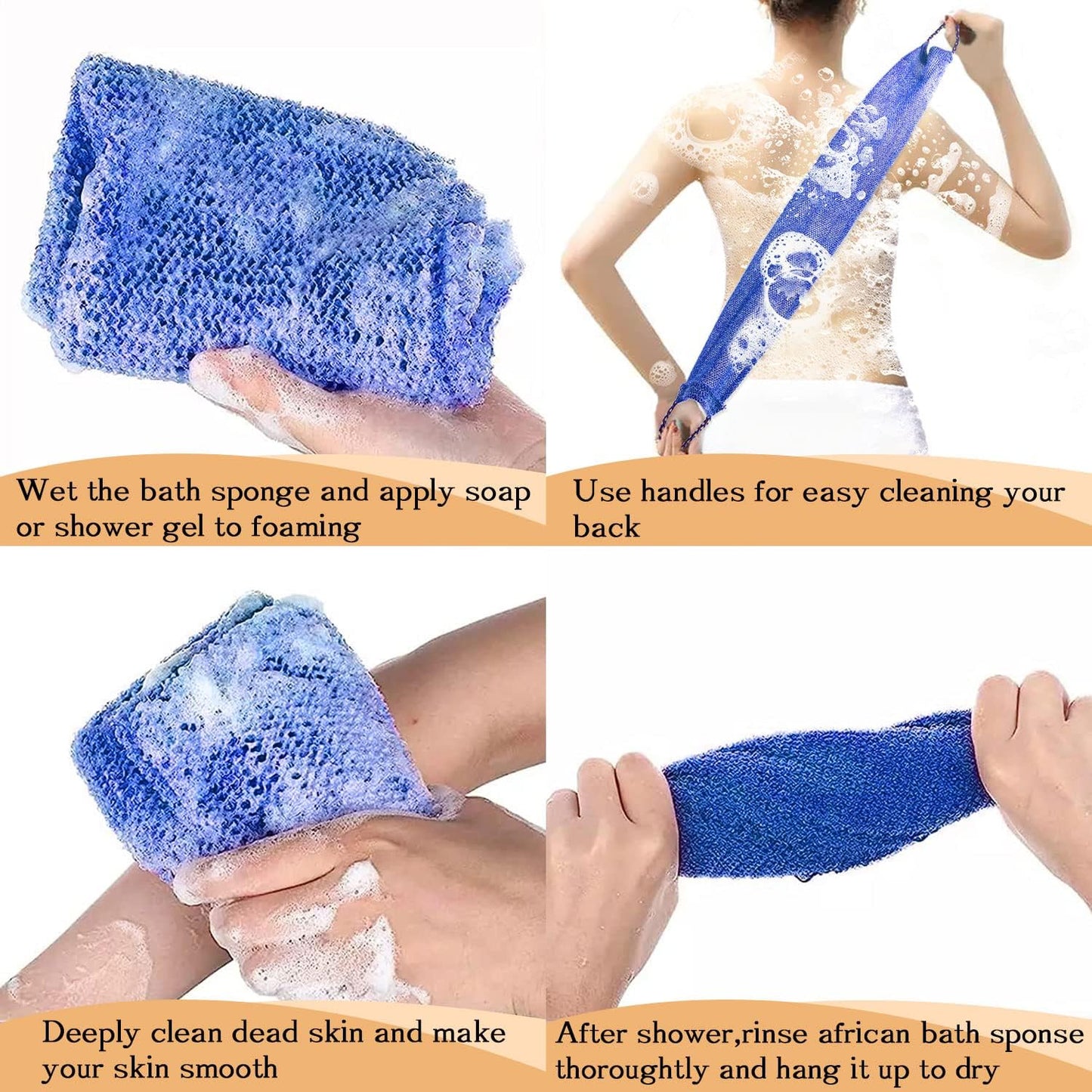 Dr.Pedi 3 Pieces African Net Sponge with Handles Long African Exfoliating Net Washcloth Bath Sponge Net Cloth Wash Net Body Back Scrubber for Shower Loofah