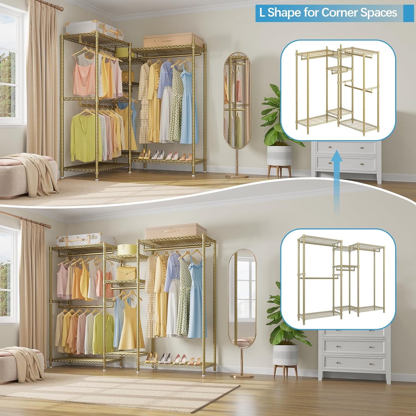 VIPEK Classic V6 Wire Garment Rack Heavy Duty Clothes Rack with 7 Adjustable Shelves & 4 Hanging Rods, Compact DIY Metal Clothing Racks 68.9" L x 15.7" W x 76.4" H, Max Load 840LBS, Gold