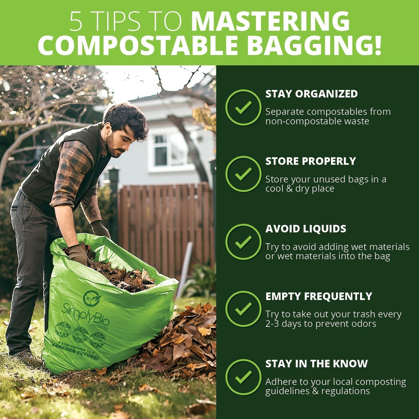Simply Bio 30-33 Gallon Compostable Trash Bags Liners Flat-Top, Heavy Duty Extra Thick 1.57 Mil, 124.92 Liter, 30 Bags, Lawn, Yard, and Restaurant Use, ASTM D6400, US BPI, OK Compost Home Certified