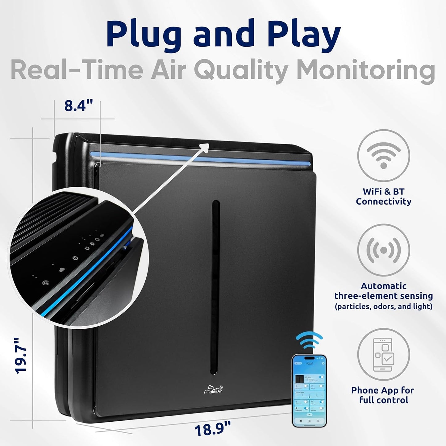 Rabbit Air, A3 SPA-1000N Air Purifiers for Home, Ultra Quiet HEPA Air Purifier - Wall Mountable Air Purifiers for Home Large Room, Allergies, Dust, Mold, Smoke & VOCs - (White, Germ Defense Filter)
